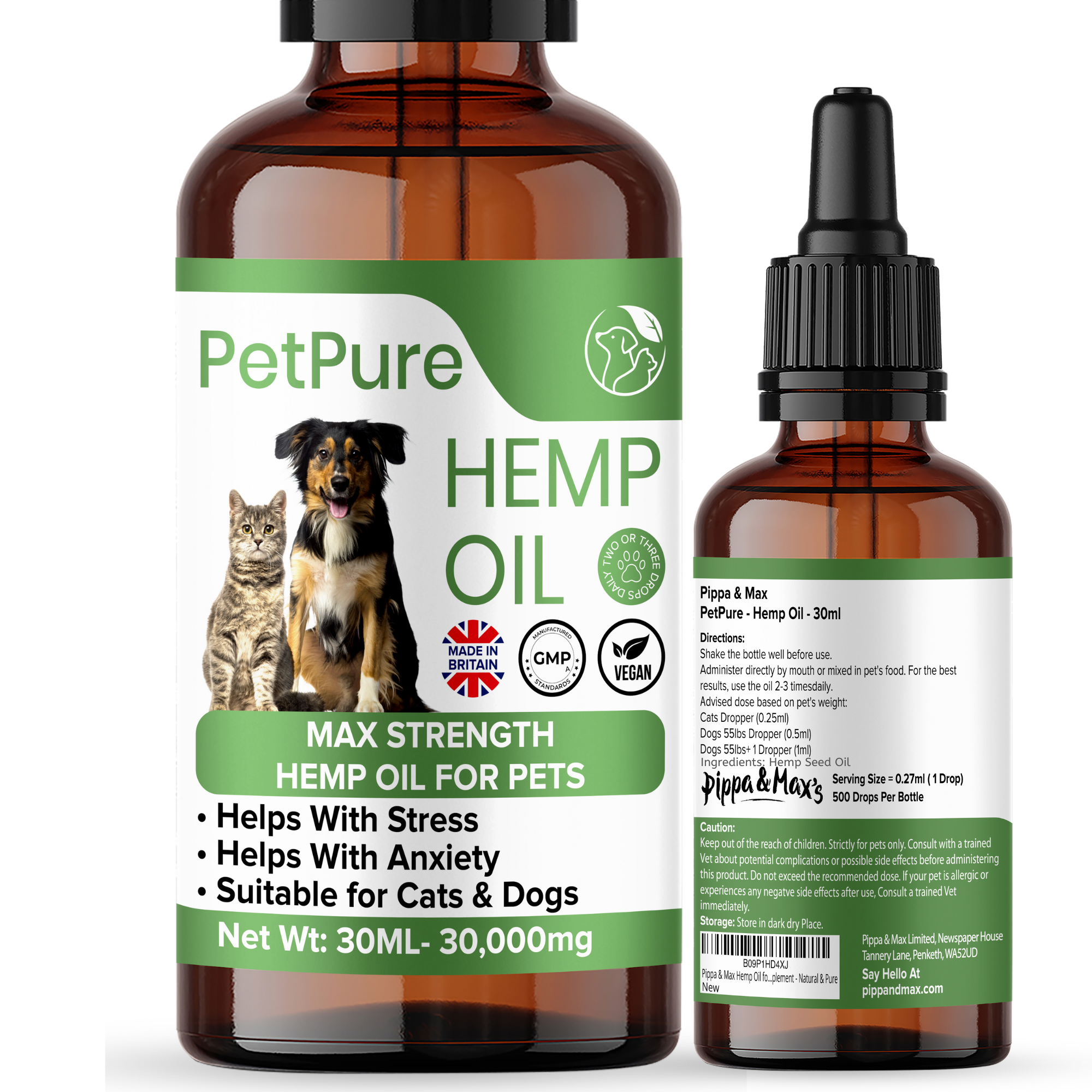 Pippa & Max Hemp Oil for Dogs and Cats & Pets - 30,000MG 30ml – Hemp Extract Made in the UK - Hip & Joint Supplement - Natural & Pure