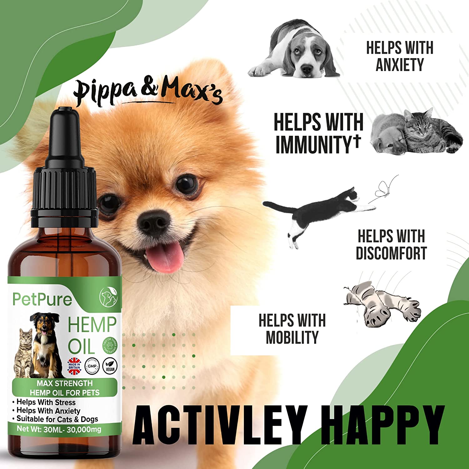 Pippa & Max Hemp Oil for Dogs and Cats & Pets - 30,000MG 30ml – Hemp Extract Made in the UK - Hip & Joint Supplement - Natural & Pure