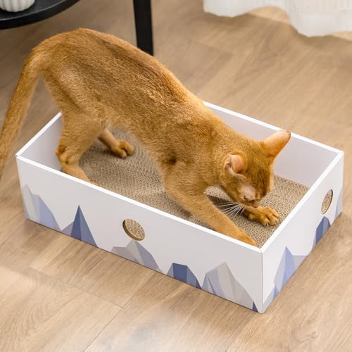 Conlun Cat Scratching Board with Box, Durable Cardboard Cat Scratcher Box, Double-sided Corrugated Scratch Pad, Interactive Holes & Mess-Free Design, Toy Gift for Kitty (1-Pack, Medium, White)