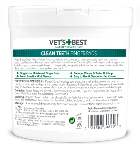 Vet's Best Dental Care Finger Wipes | Reduces Plaque & Freshens Breath | Teeth Cleaning Finger Wipes for Dogs & Cats | 50 Disposable Wipes
