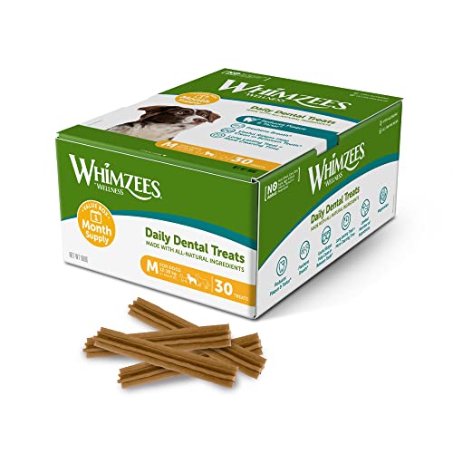 WHIMZEES By Wellness Stix, Dog Dental Sticks, 30 Pieces (1 Month Supply), Size M, Dog Chews for Medium Breeds, Natural, Grain-Free, Rawhide-Free, Vegetarian