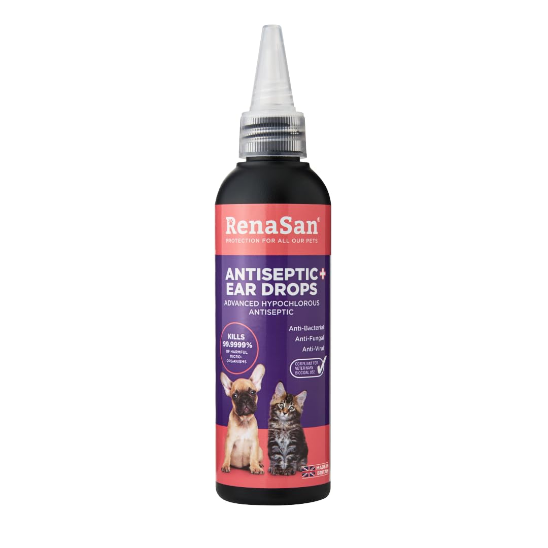 RenaSan Animal Antiseptic Ear Drops – Ear Disinfection, Kills bacteria, Stops Odours, Scratching & Discomfort, Anti-fungal (Yeast), Veterinary-grade, for Dogs, Cats & all other animals (100ml)