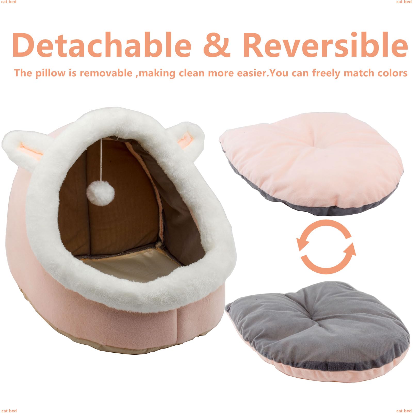 Dtopsun Cat Beds for Indoor with Anti-Slip Bottom, Rabbit-Shaped Small Dog Cave with Hanging toy, Kitten Tent House Removable Cotton Pad, Super Soft Calming Pet Sofa Mats for Puppy and Kitty