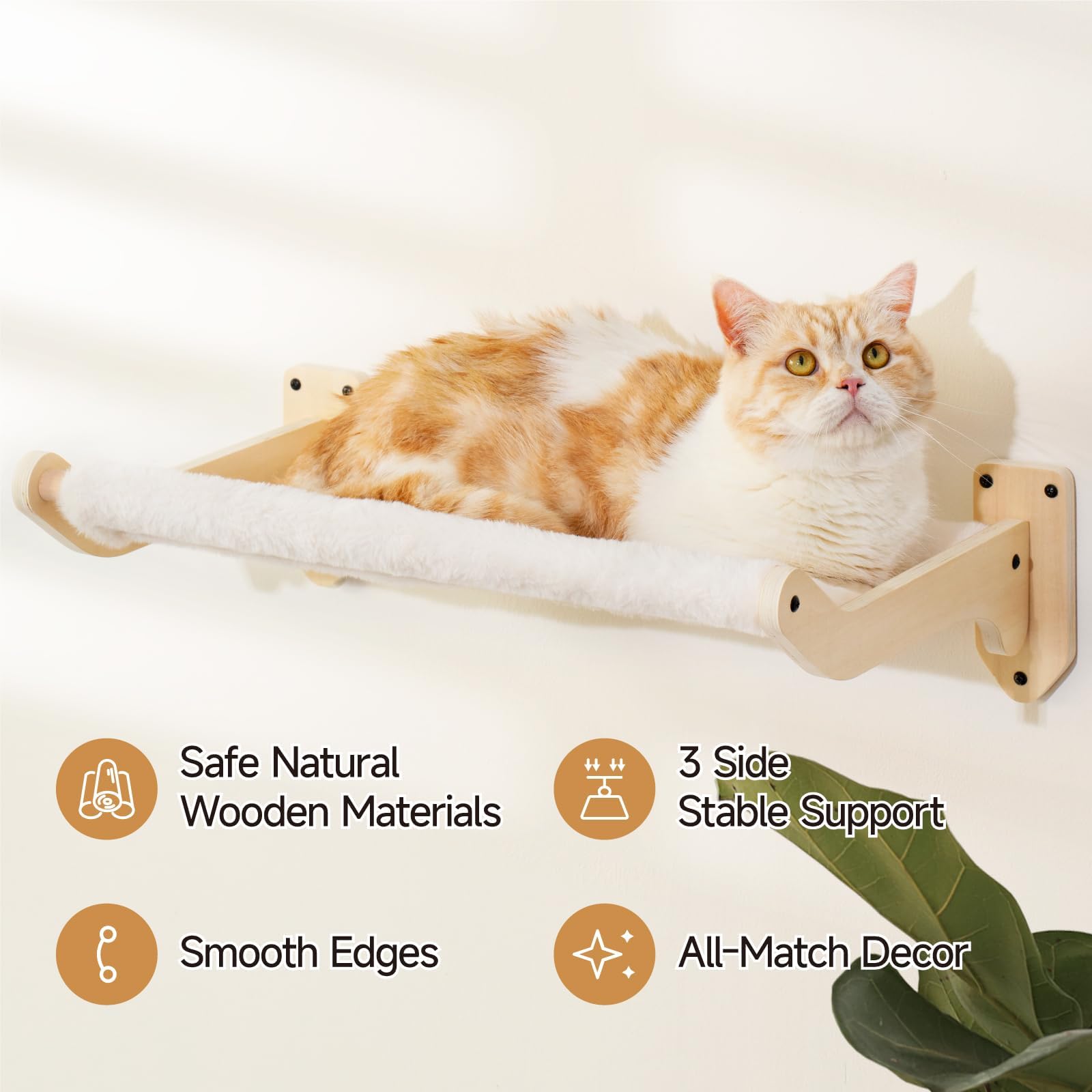 MEWOOFUN Cat Hammock Wall Mounted Furniture, 52x32cm Large Wooden Wall Perches Shelves for Climbing, Sleeping, and Playing, White Flannel Cat Shelves