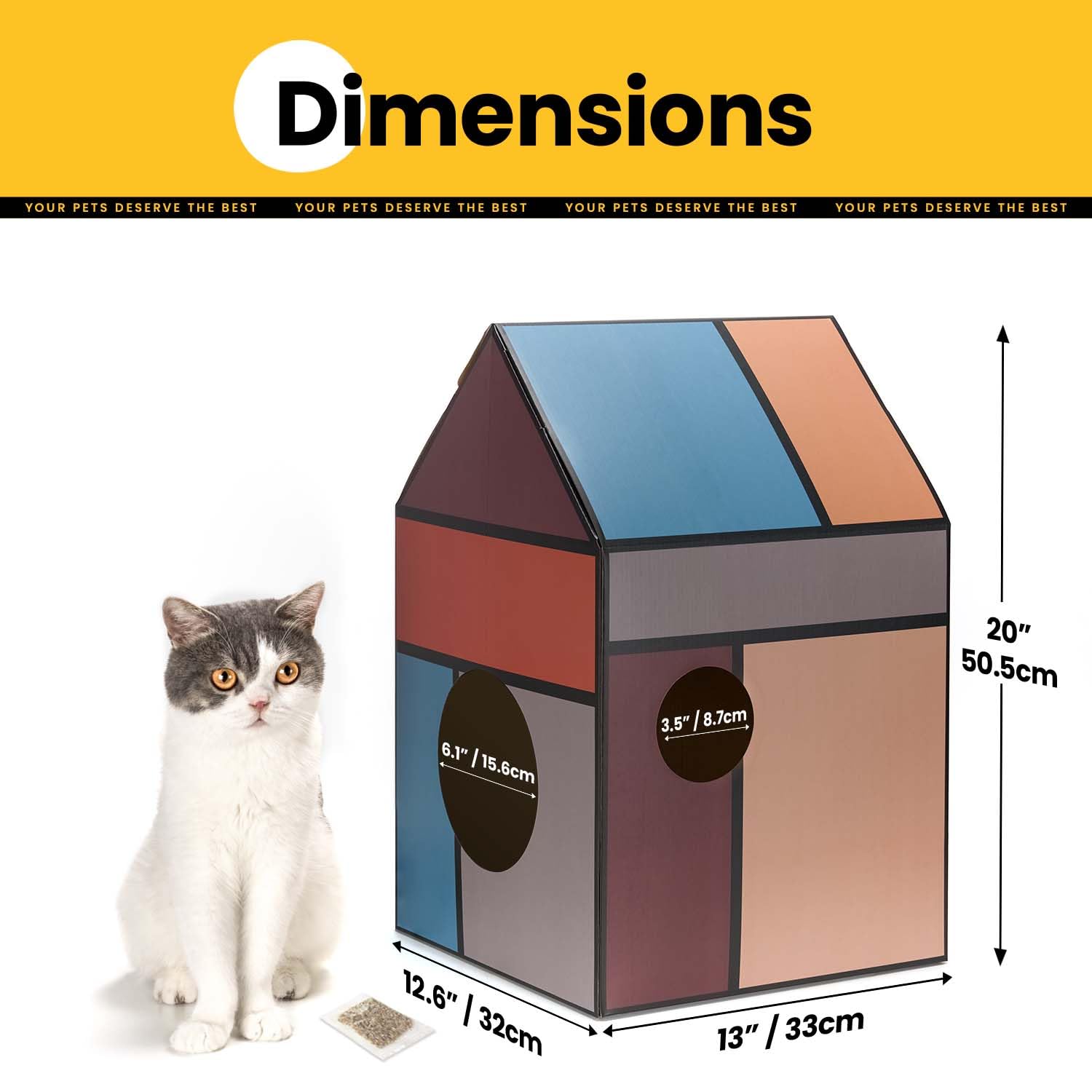 Conlun Cardboard Cat House with Scratching Board & Catnip, Cat Play Scratch House for Indoor Hideaway Furniture, Heavy Duty Sturdy Cardboard Scratcher, Easy to Assemble Birthday Gift