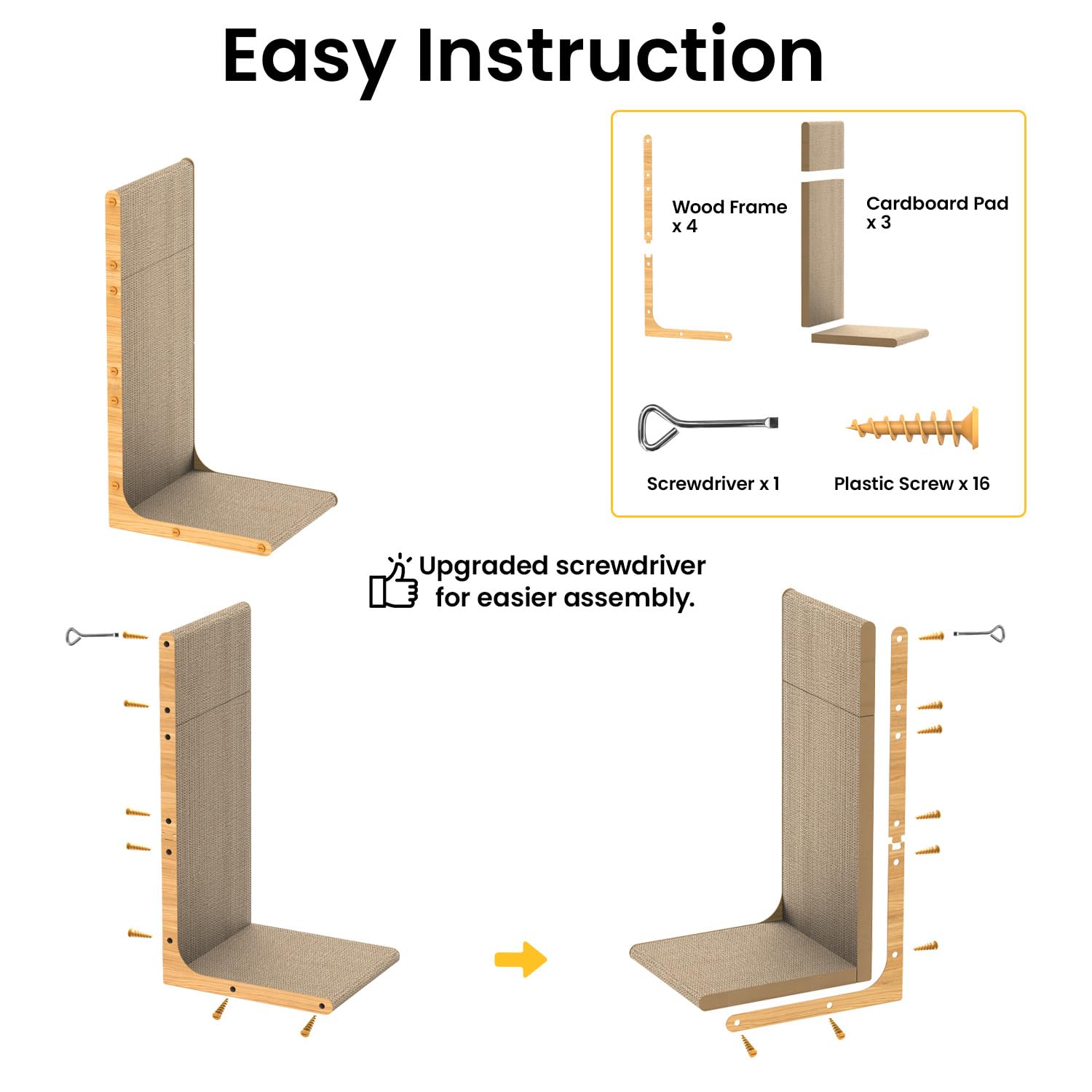 Conlun Cardboard Cat Scratcher,58 cm L Shape Scratch Pad Wall Mounted,Vertical Scratching Board, Durable Cardboard to Protect Furniture for Indoor Cats,Light Wood Large