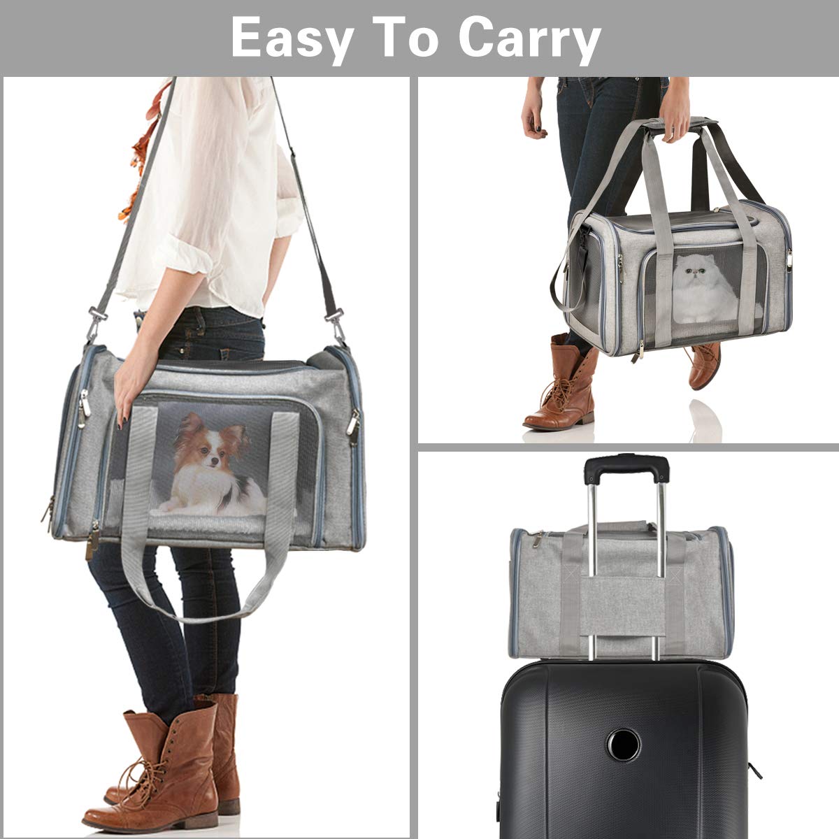 Qlfyuu Cat Carrier Dog Carrier Portable Pet Carrier Soft Sided, Medium Small Airline Approved, Foldable Bunny Puppy Cat Bag up to 15lbs for Travel(Gery,Medium)