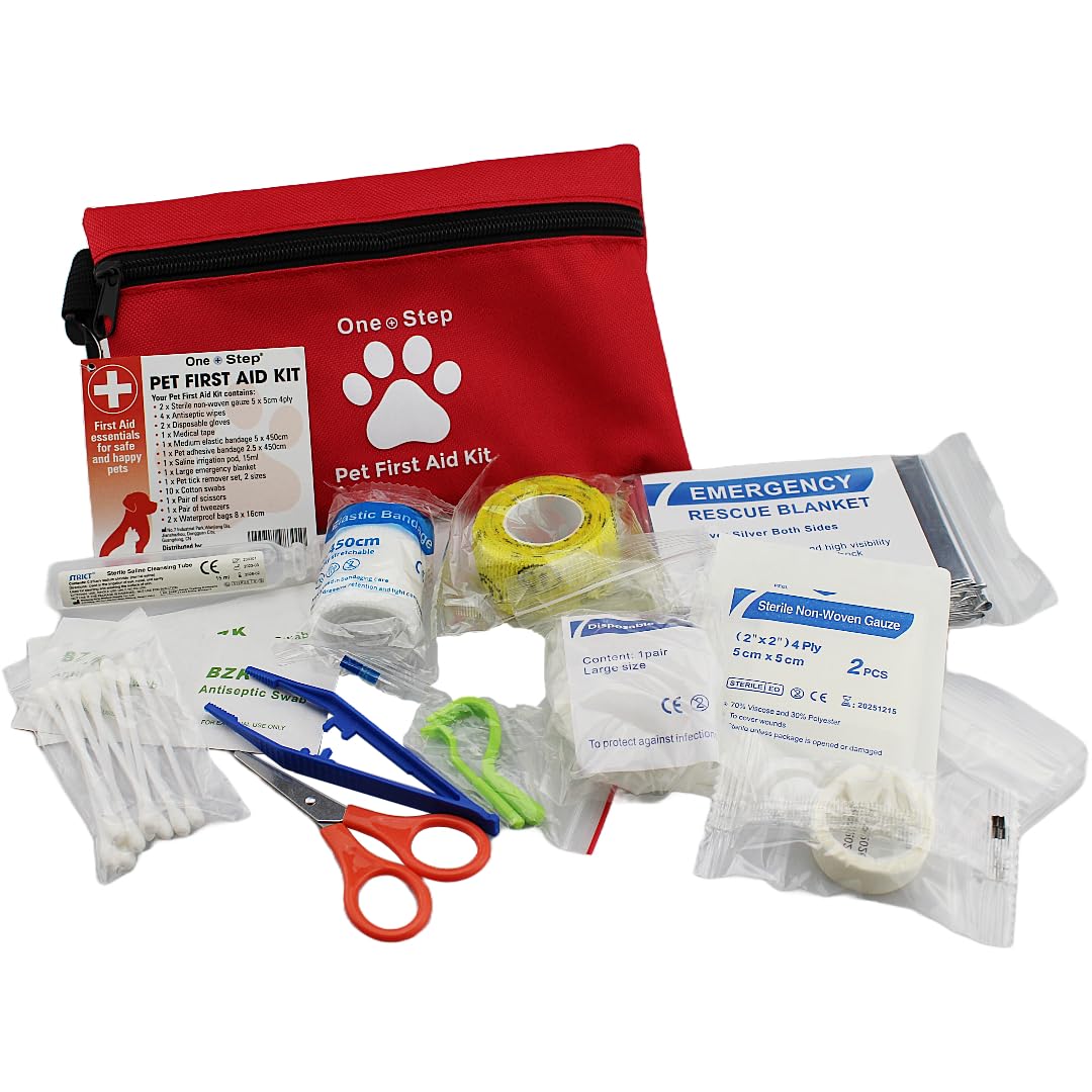 One Step Pet Travel First Aid Kit, Includes 28 Premium Items, Tick Remover, Syringe, Bandages, Wipes, Travel Sized First Aid For Dogs, Cats and all Other Pets