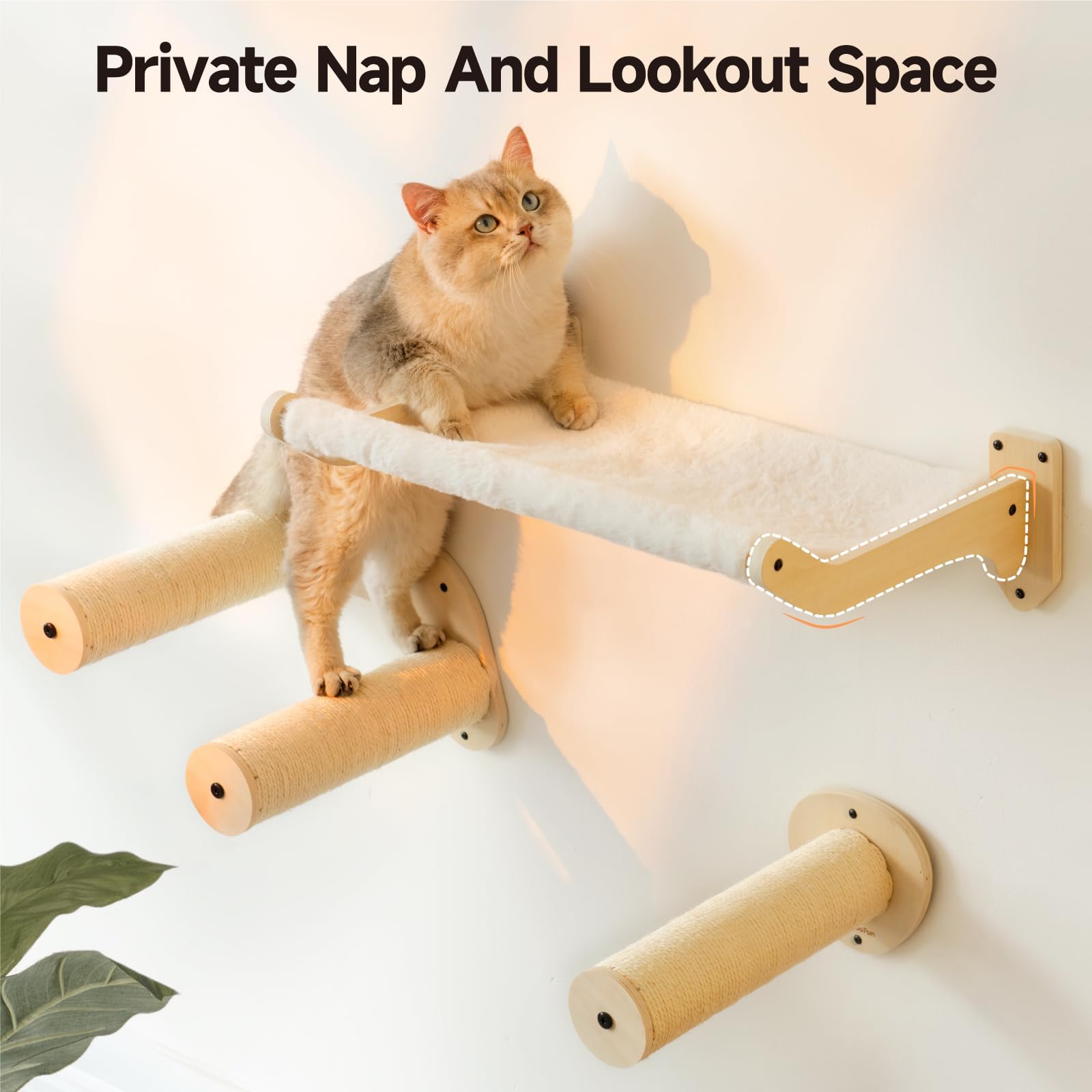MEWOOFUN Cat Hammock Wall Mounted Furniture, 52x32cm Large Wooden Wall Perches Shelves for Climbing, Sleeping, and Playing, White Flannel Cat Shelves