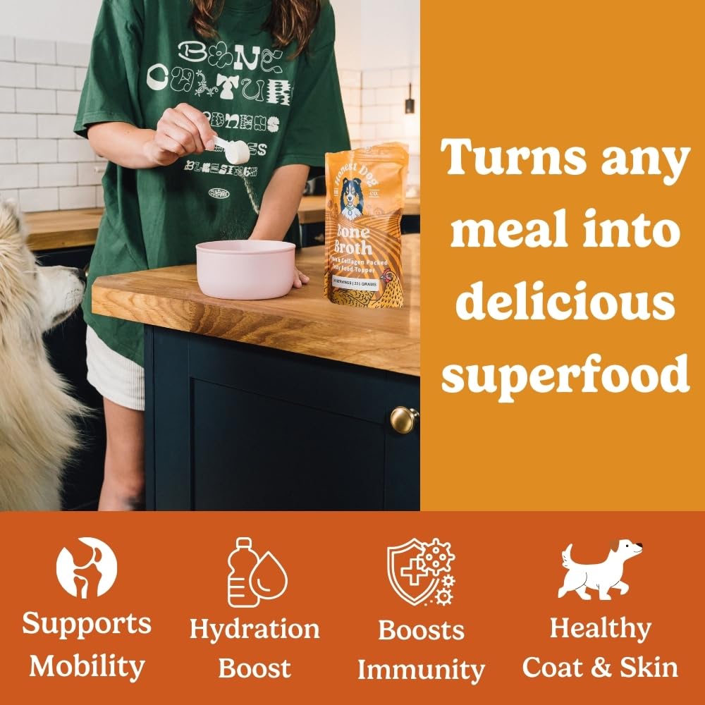 Honest Dog Co. Bone Broth for Dogs and Cats (225 Grams, 30 Servings) - High in Collagen and Protein Chicken Bone Broth Powder for Dogs - Dog and Cat Food Topper for Dry Food - Chicken Gravy Granules
