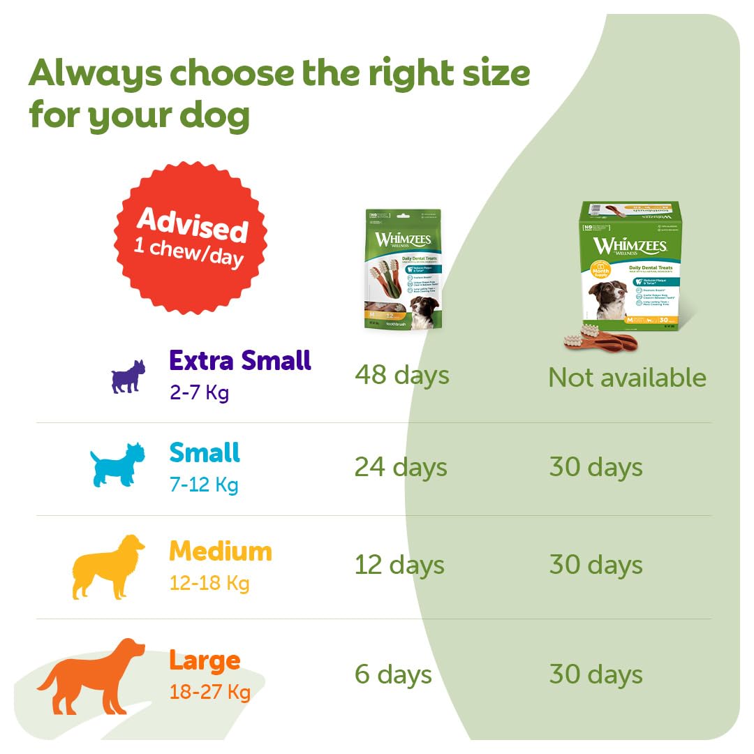 WHIMZEES By Wellness Toothbrush, Month Box, Natural and Grain-Free Dog Chews, Dog Dental Sticks for Medium Breeds, 30 Pieces (One Month Supply), Size M