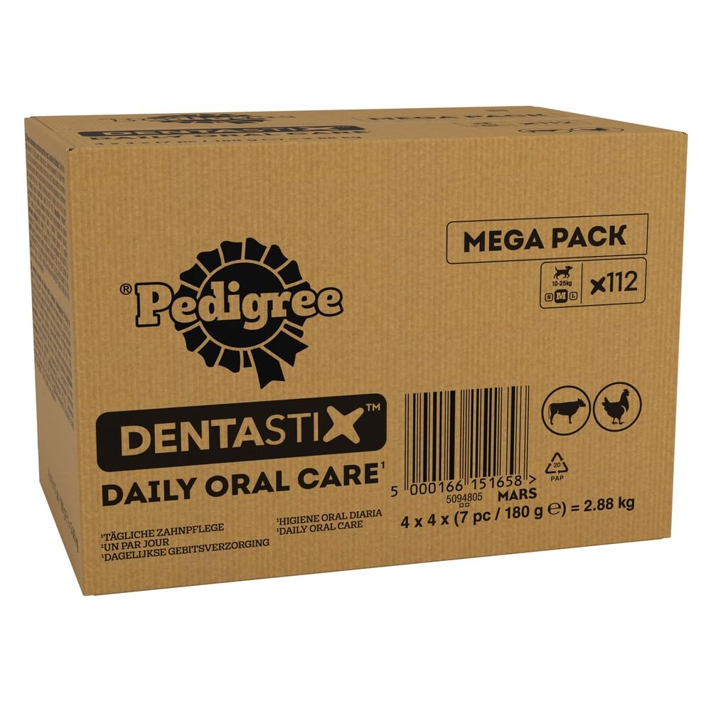 PEDIGREE DENTASTIX - Dental Dog Chews - Adult Medium Dogs 10-25kg - 4 x 28 Sticks - Megapack of Dog Dental Sticks