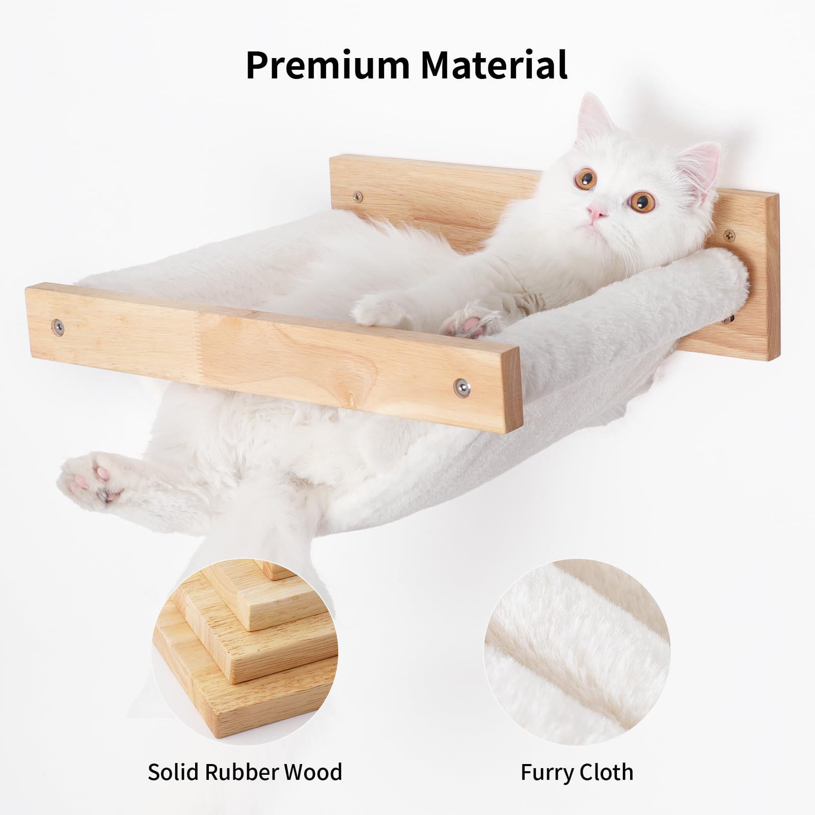 Fukumaru Cat Hammock - Wall Mounted Kitty Bed & Perch, Wooden Cat Wall Furniture, Stable Shelves for Sleeping, Playing, Climbing, Lounging - White Flannel