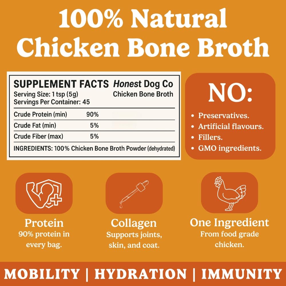 Honest Dog Co. Bone Broth for Dogs and Cats (225 Grams, 30 Servings) - High in Collagen and Protein Chicken Bone Broth Powder for Dogs - Dog and Cat Food Topper for Dry Food - Chicken Gravy Granules