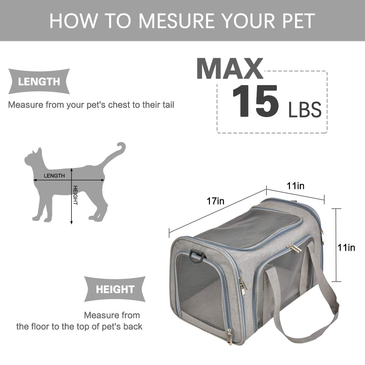 Qlfyuu Cat Carrier Dog Carrier Portable Pet Carrier Soft Sided, Medium Small Airline Approved, Foldable Bunny Puppy Cat Bag up to 15lbs for Travel(Gery,Medium)