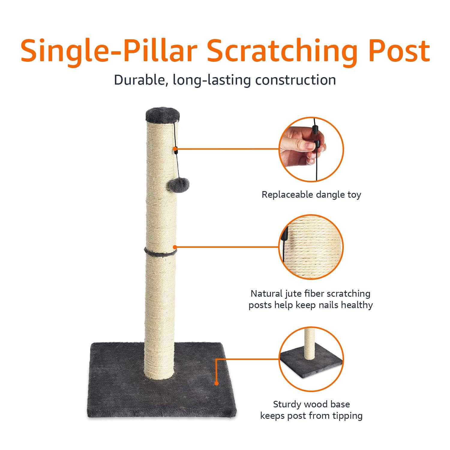 Amazon Basics Cat Scratching Post for Indoor Cats, Standard with Dangling Toy, 80 cm, Grey