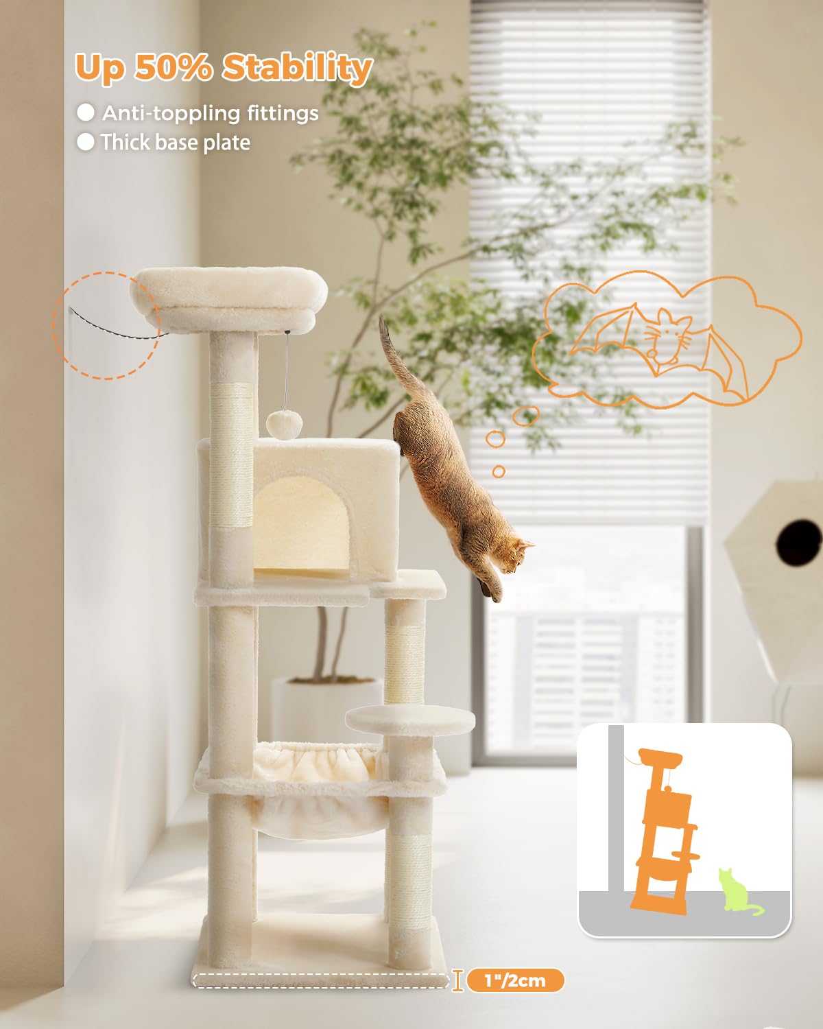 PAWZ Road 116cm Cat Tree Medium Cat Tower with 4 Sisal Scratching Posts, Metal Frame Large Hammock and Cozy Condo, Activity Center Stable and Sturdy, Size M Beige