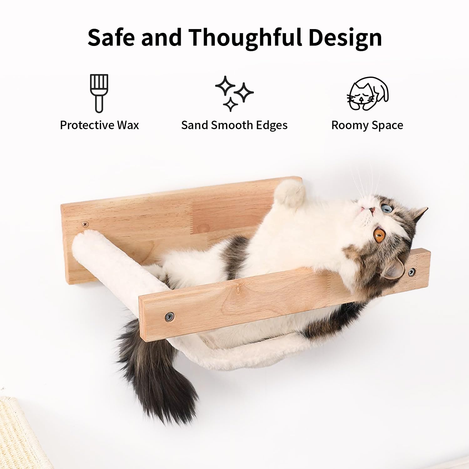 Fukumaru Cat Hammock - Wall Mounted Kitty Bed & Perch, Wooden Cat Wall Furniture, Stable Shelves for Sleeping, Playing, Climbing, Lounging - White Flannel