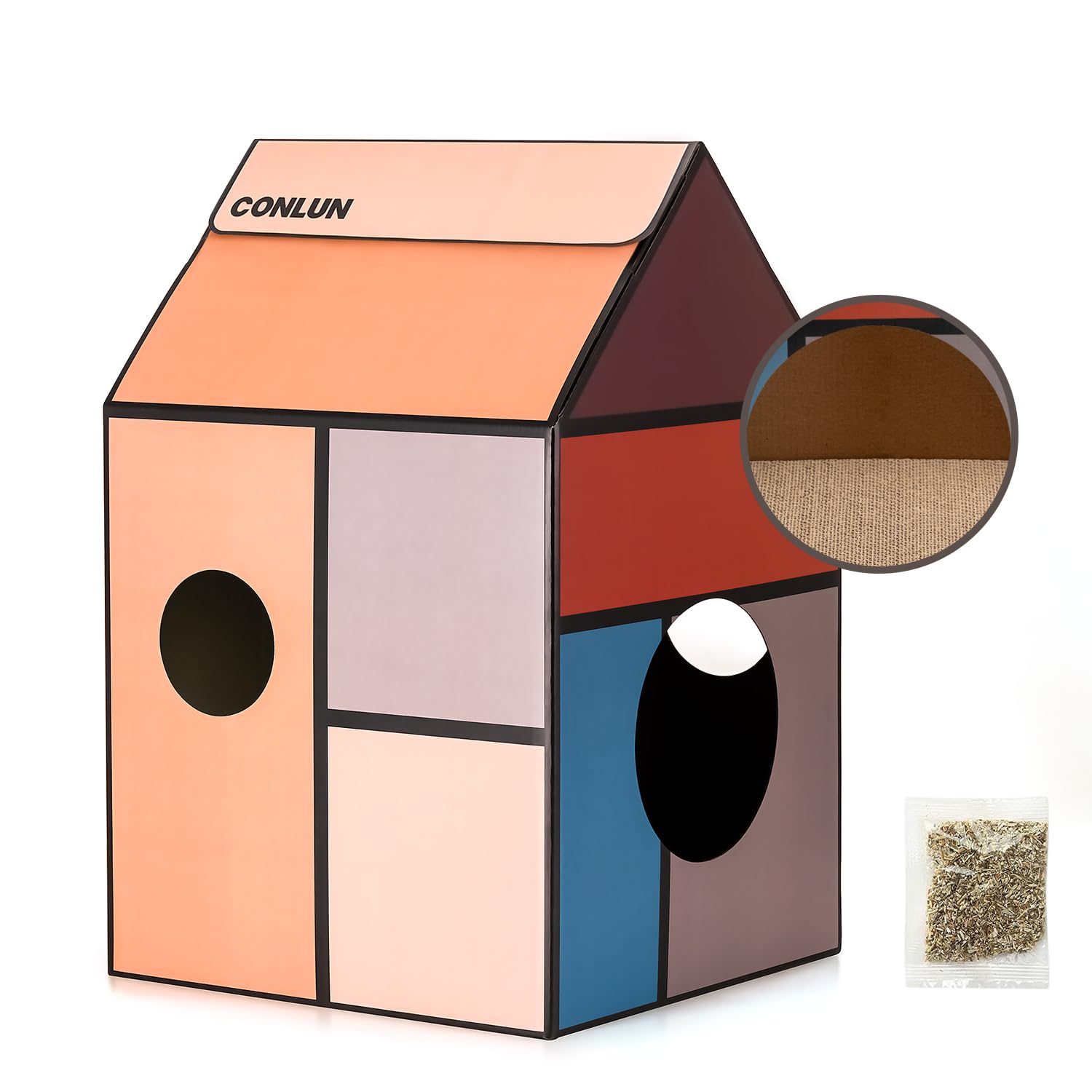 Conlun Cardboard Cat House with Scratching Board & Catnip, Cat Play Scratch House for Indoor Hideaway Furniture, Heavy Duty Sturdy Cardboard Scratcher, Easy to Assemble Birthday Gift