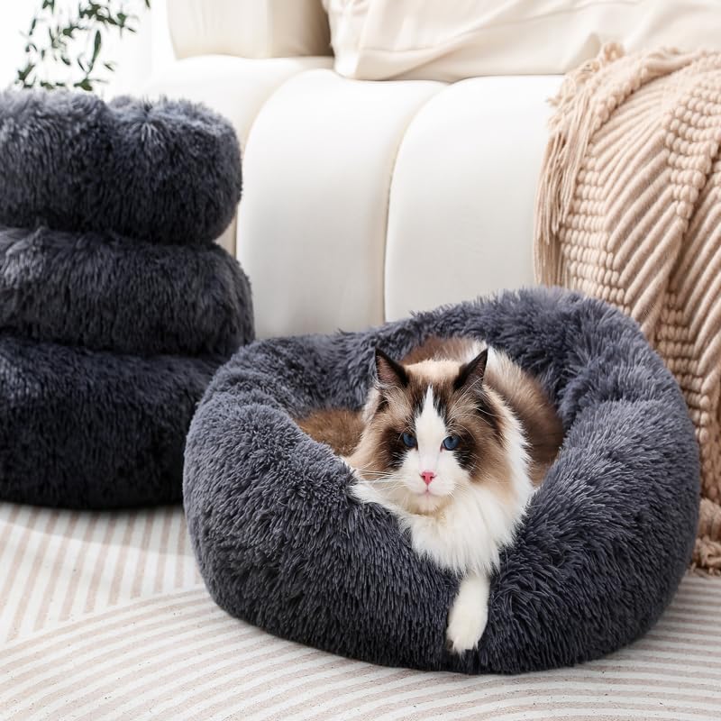 Fhodigogo Plush Donut Dog bed Cat bed Fluffy Calming Pet Bed Dog Round Bed Cat Round Bed Warm Kitten Nest Ideal for Small 3KG Pet