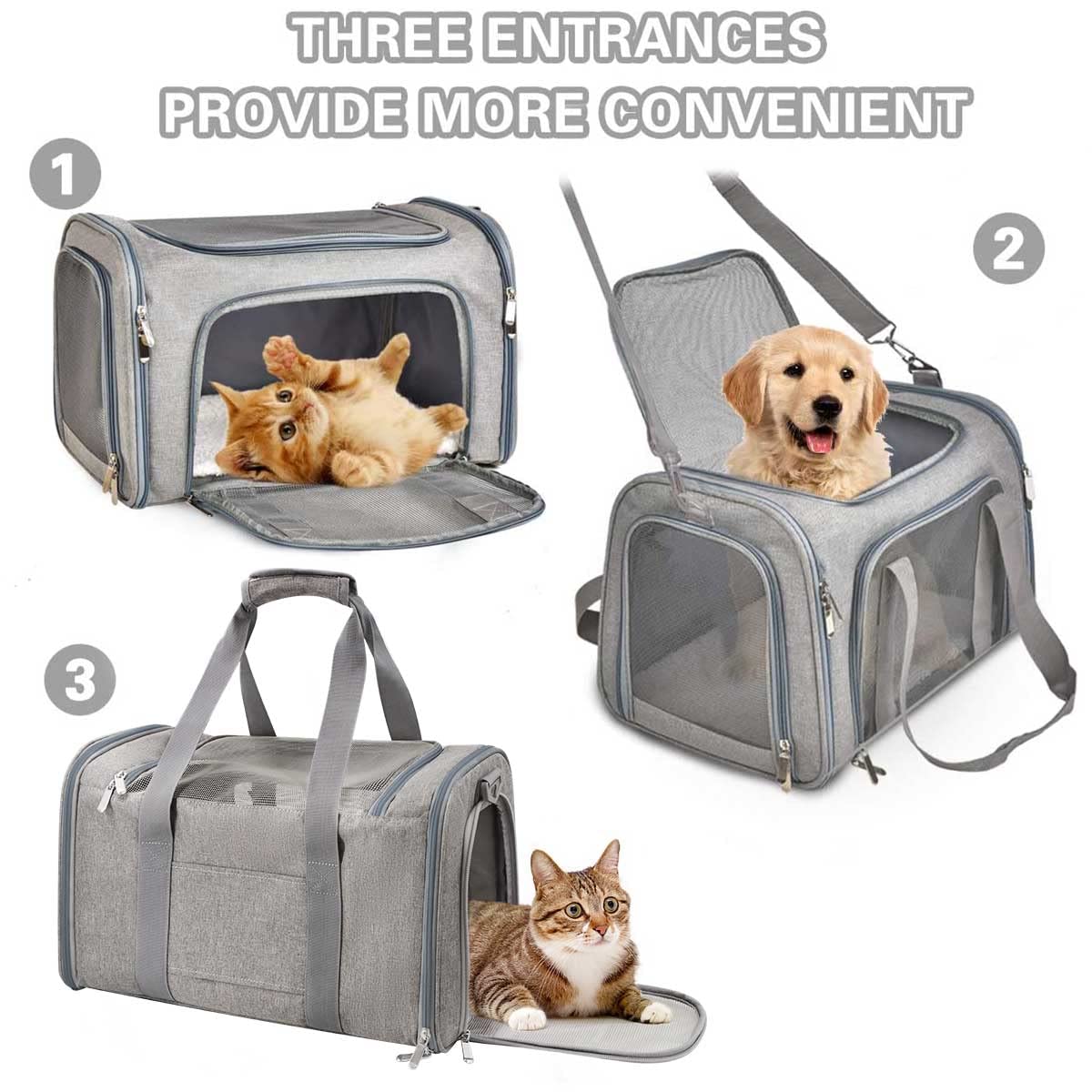 Qlfyuu Cat Carrier Dog Carrier Portable Pet Carrier Soft Sided, Medium Small Airline Approved, Foldable Bunny Puppy Cat Bag up to 15lbs for Travel(Gery,Medium)