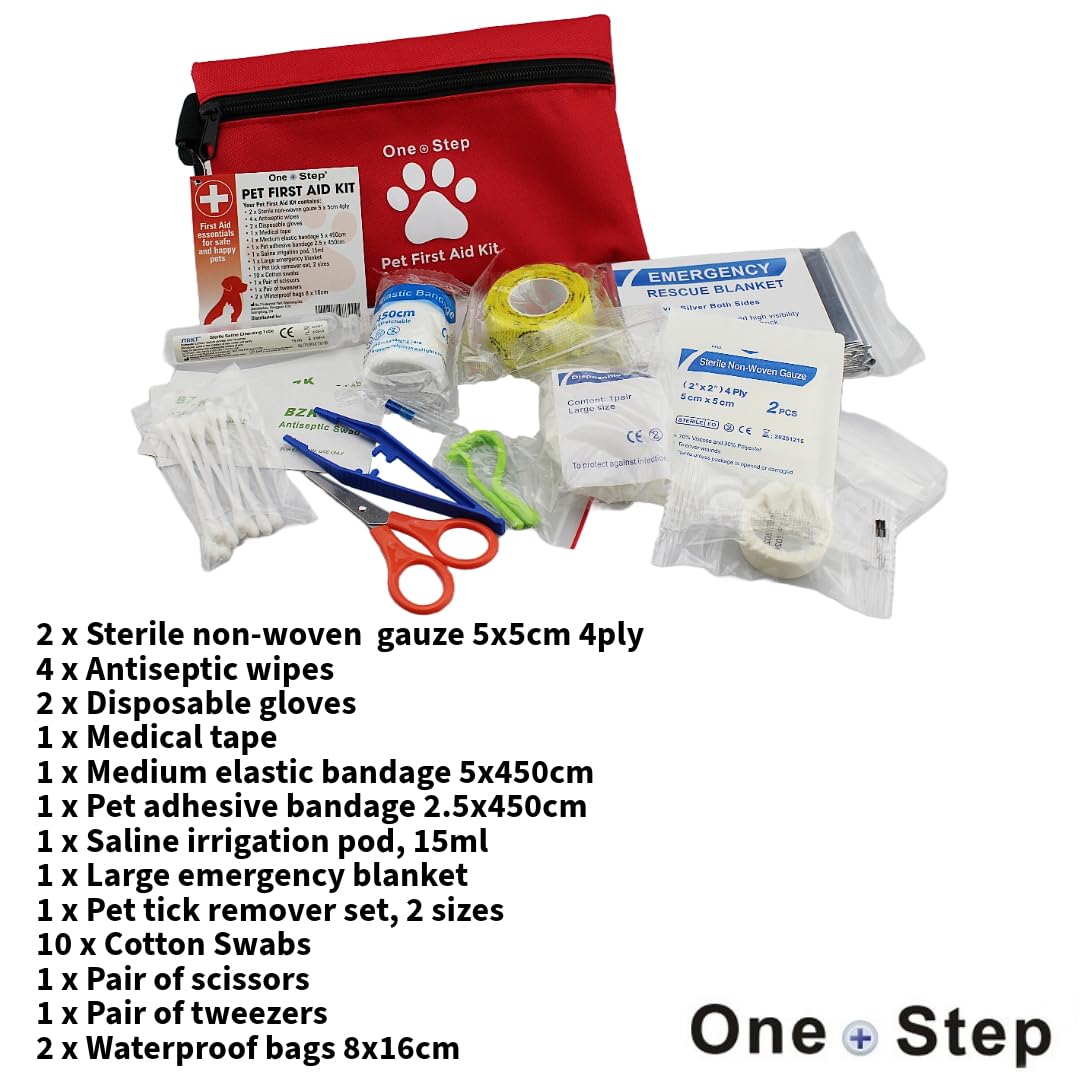 One Step Pet Travel First Aid Kit, Includes 28 Premium Items, Tick Remover, Syringe, Bandages, Wipes, Travel Sized First Aid For Dogs, Cats and all Other Pets