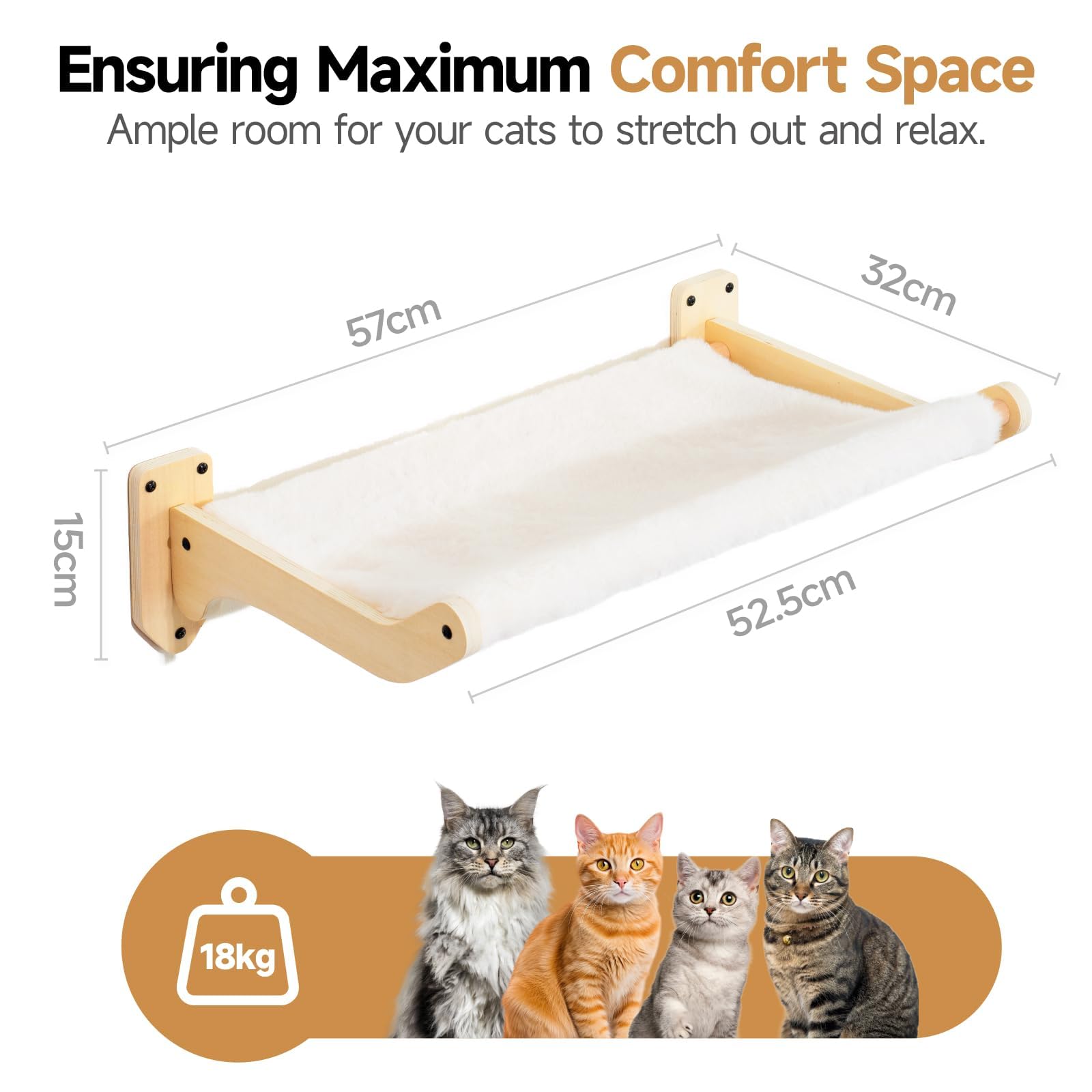 MEWOOFUN Cat Hammock Wall Mounted Furniture, 52x32cm Large Wooden Wall Perches Shelves for Climbing, Sleeping, and Playing, White Flannel Cat Shelves