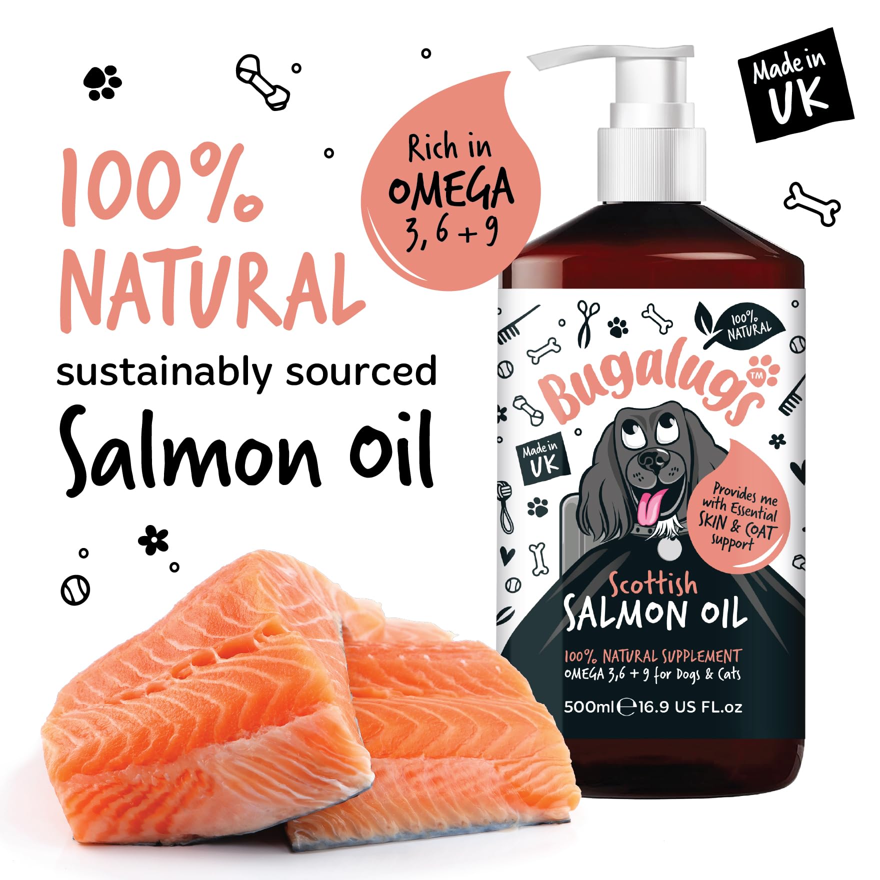 Bugalugs Scottish Salmon Oil For Dogs & Cats, Dog Supplement Support for Skin And Coat, Itchy Skin & Moulting, Omega 3 Fish Oil (Salmon, 500ml)
