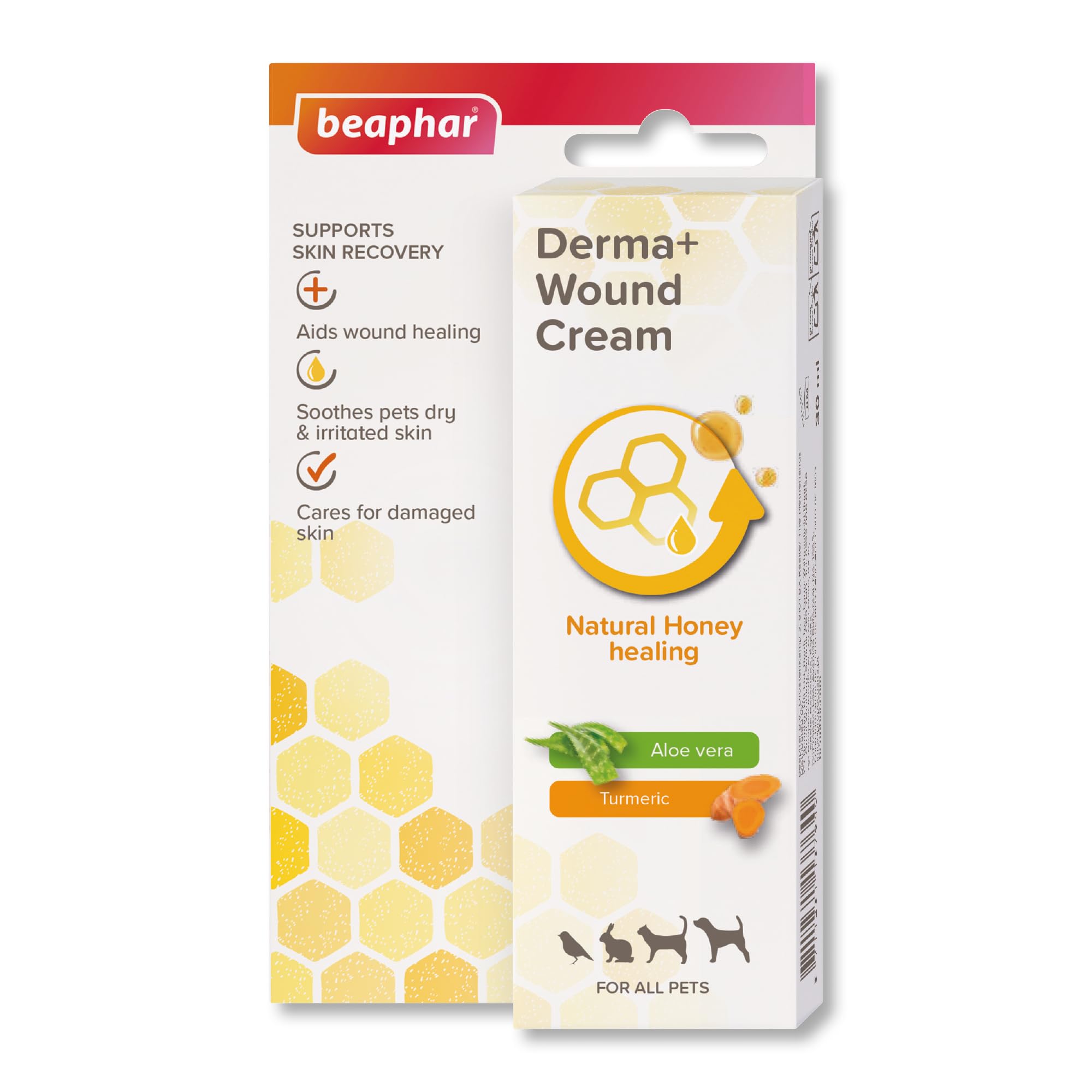 Beaphar - Derma+ Wound Cream for Pets 30ml – First aid soothing cream with honey, Aloe vera & turmeric - Supports skin recovery, wound healing & soothes dry & irritated skin - Suitable for all pets