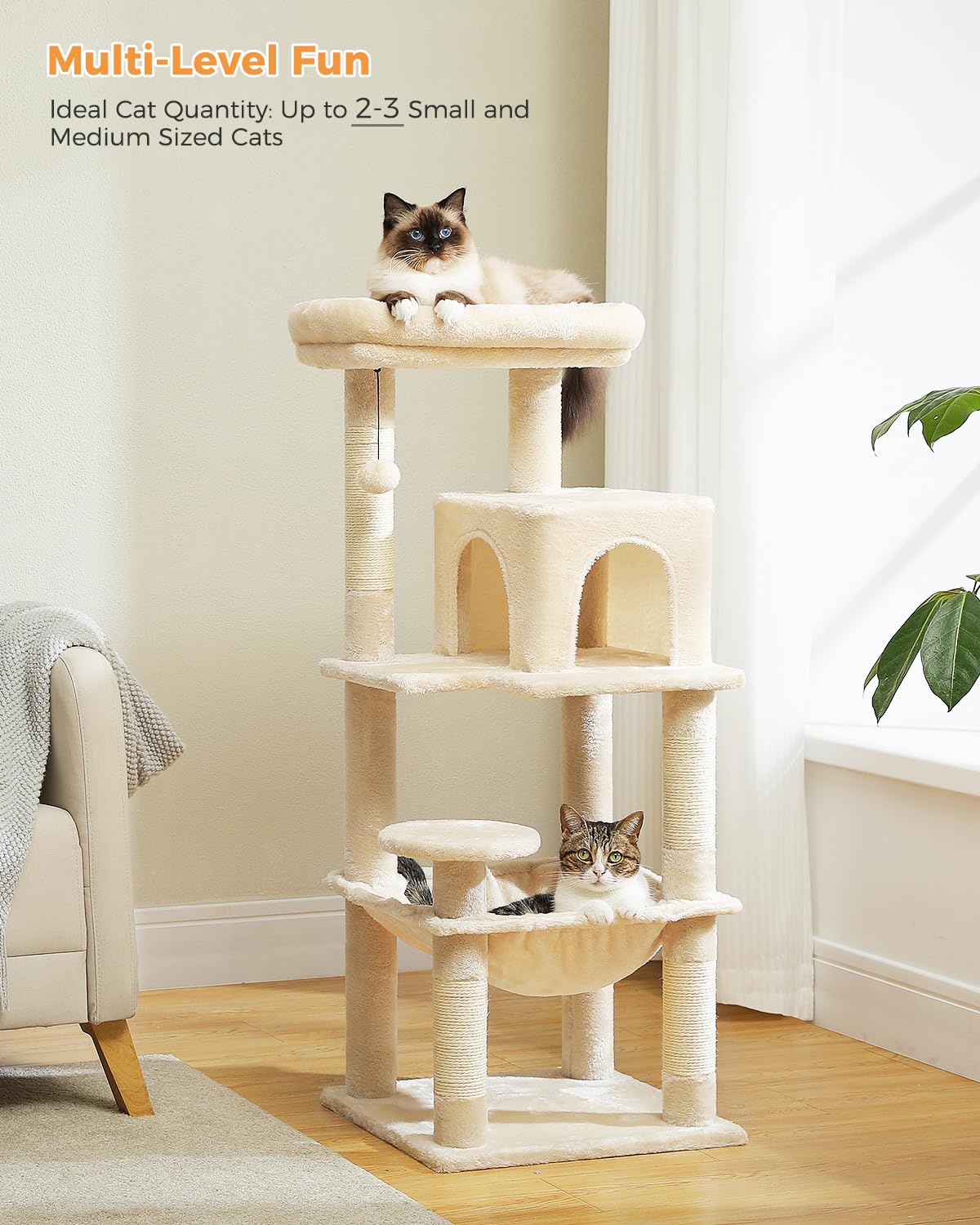 PAWZ Road 116cm Cat Tree Medium Cat Tower with 4 Sisal Scratching Posts, Metal Frame Large Hammock and Cozy Condo, Activity Center Stable and Sturdy, Size M Beige