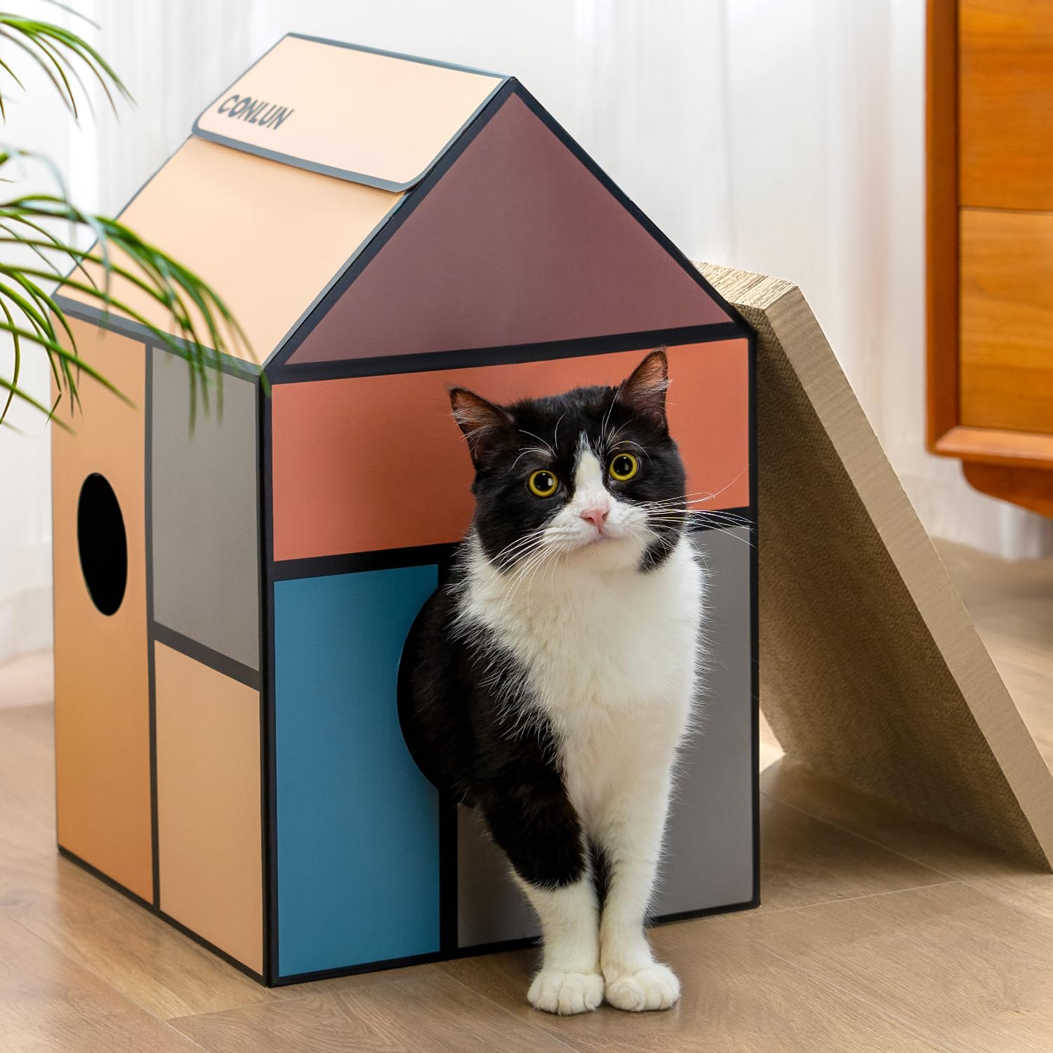 Conlun Cardboard Cat House with Scratching Board & Catnip, Cat Play Scratch House for Indoor Hideaway Furniture, Heavy Duty Sturdy Cardboard Scratcher, Easy to Assemble Birthday Gift