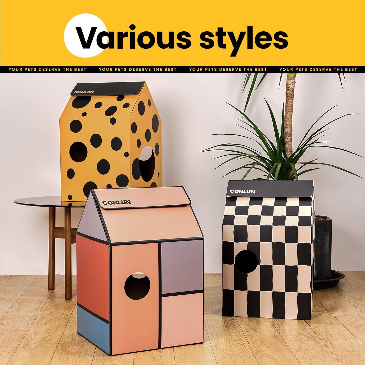 Conlun Cardboard Cat House with Scratching Board & Catnip, Cat Play Scratch House for Indoor Hideaway Furniture, Heavy Duty Sturdy Cardboard Scratcher, Easy to Assemble Birthday Gift