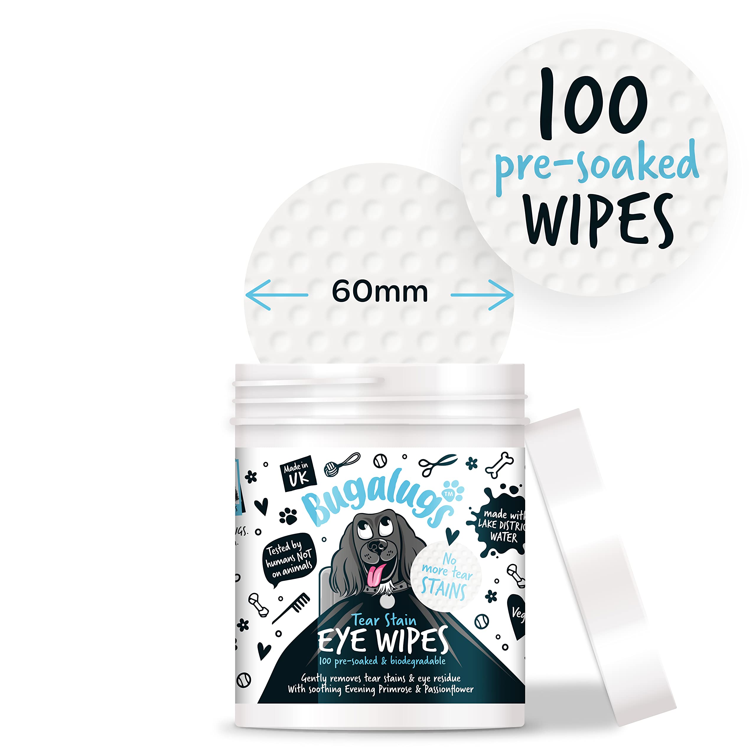 BUGALUGS Dog Eye Wipes 100 Biodegradable textured pre-soaked Dog Wipes. Safe & Easy Cleaning For Dogs - Pet Eye Wipes Remove Tear Stains, Dog Eye Crust & Eye Discharge