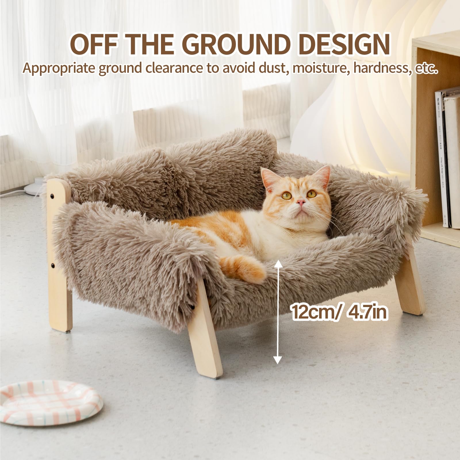 MEWOOFUN Large Cat Sofa - Sturdy Wooden Leg Raised Bed for Indoor Cats, Holds up to 15kg, 56x45cm Brown