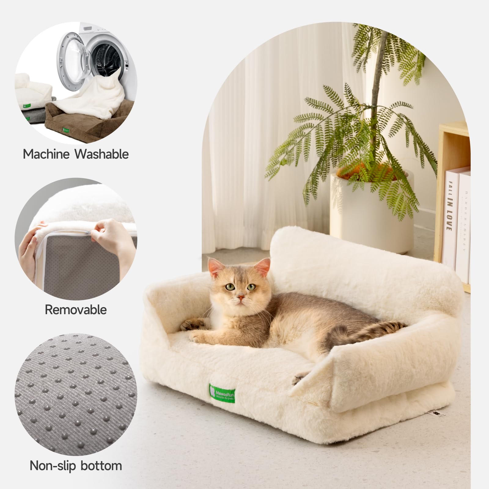 MEWOOFUN Cat Sofa Cat Bed for Indoor Cats, Kitten Bed Pet Sofa with Removable Washable Cover and Non-Slip Bottom for Small Dogs, 55x40cm White
