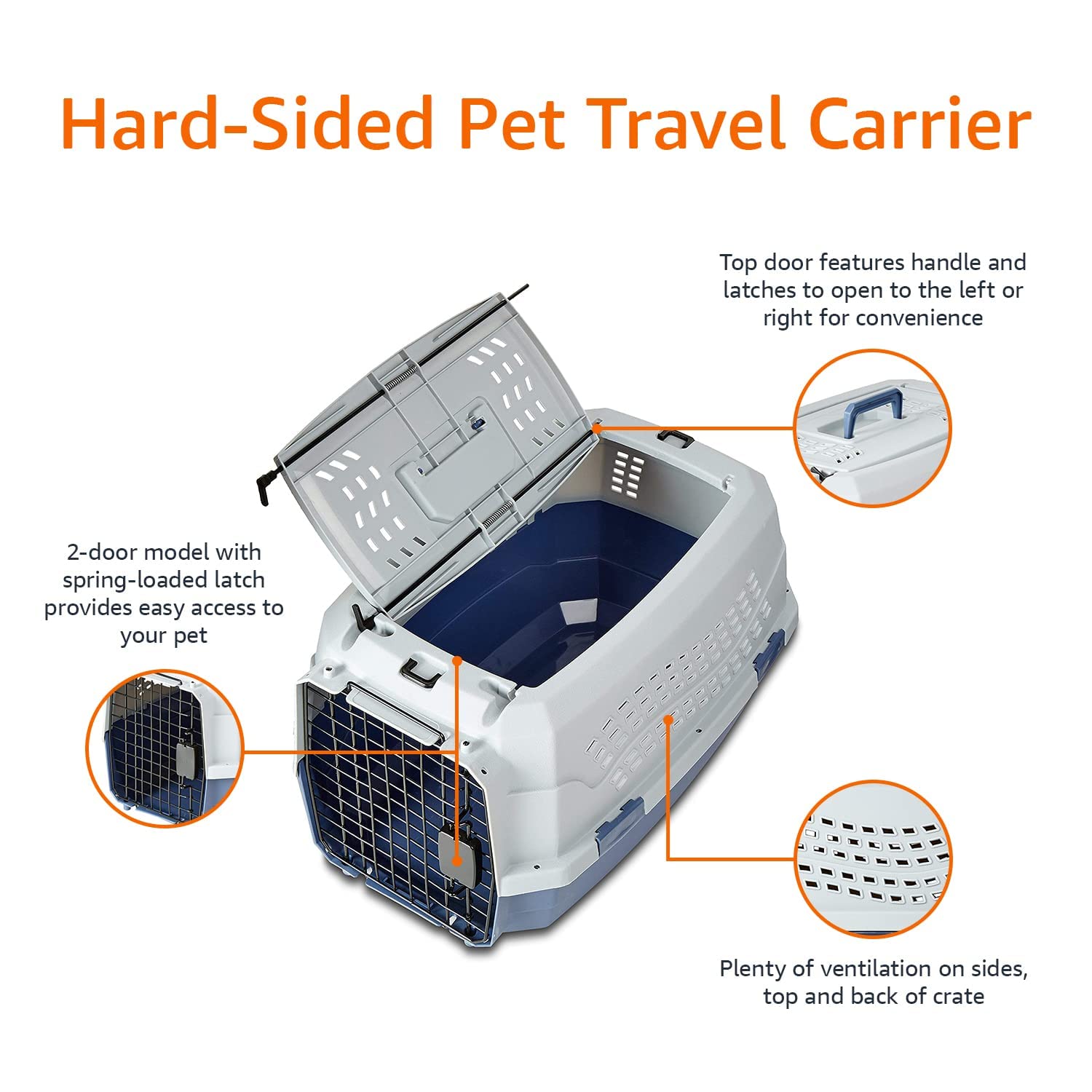 Amazon Basics Hard-Sided Cat Carrier, Two-Door Top-Load Pet Dog/Cat Travel Box Carrier, Blue, 58 L x 38 W x 33 H cm