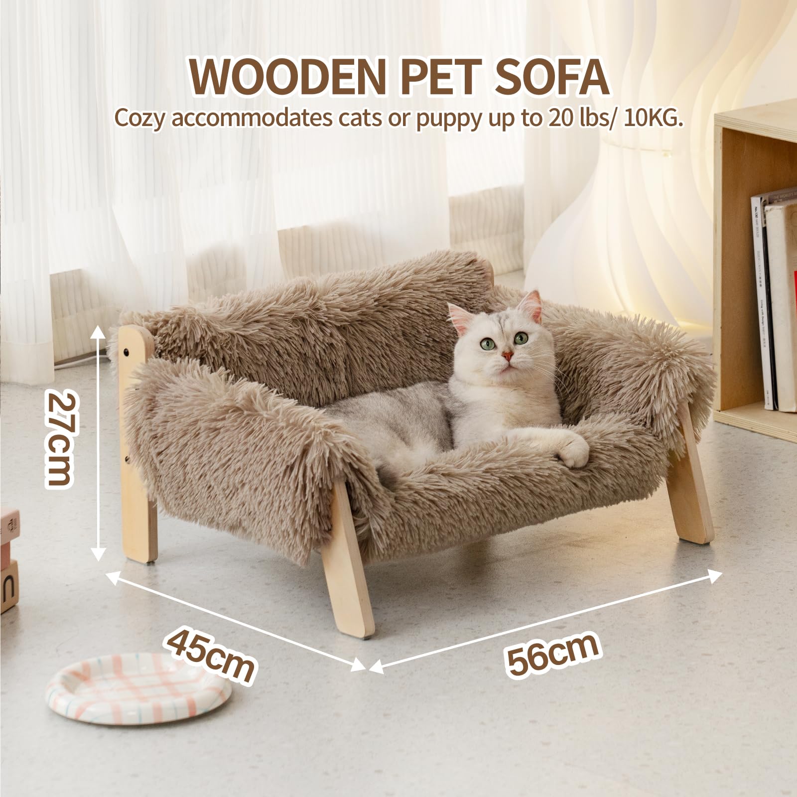 MEWOOFUN Large Cat Sofa - Sturdy Wooden Leg Raised Bed for Indoor Cats, Holds up to 15kg, 56x45cm Brown