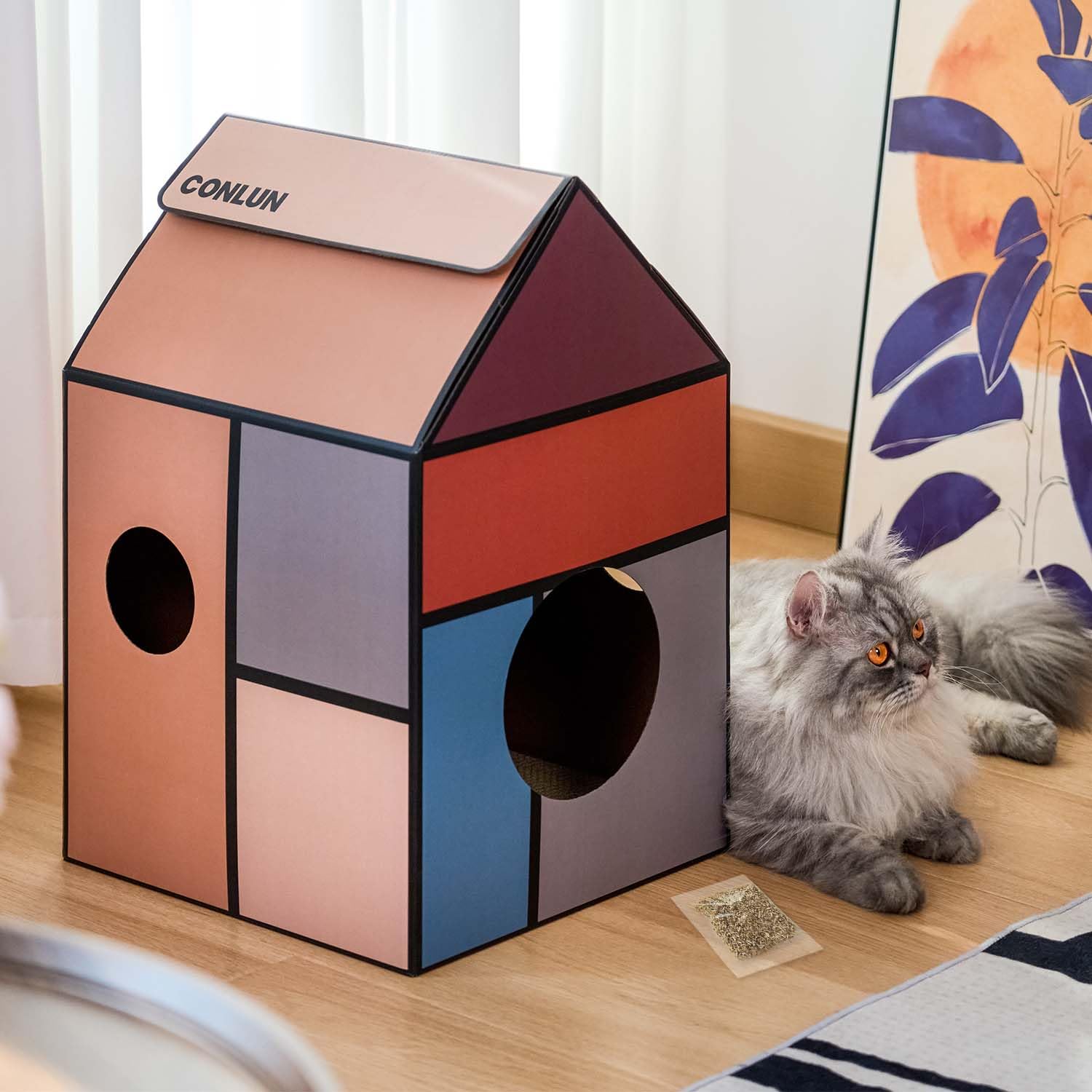 Conlun Cardboard Cat House with Scratching Board & Catnip, Cat Play Scratch House for Indoor Hideaway Furniture, Heavy Duty Sturdy Cardboard Scratcher, Easy to Assemble Birthday Gift
