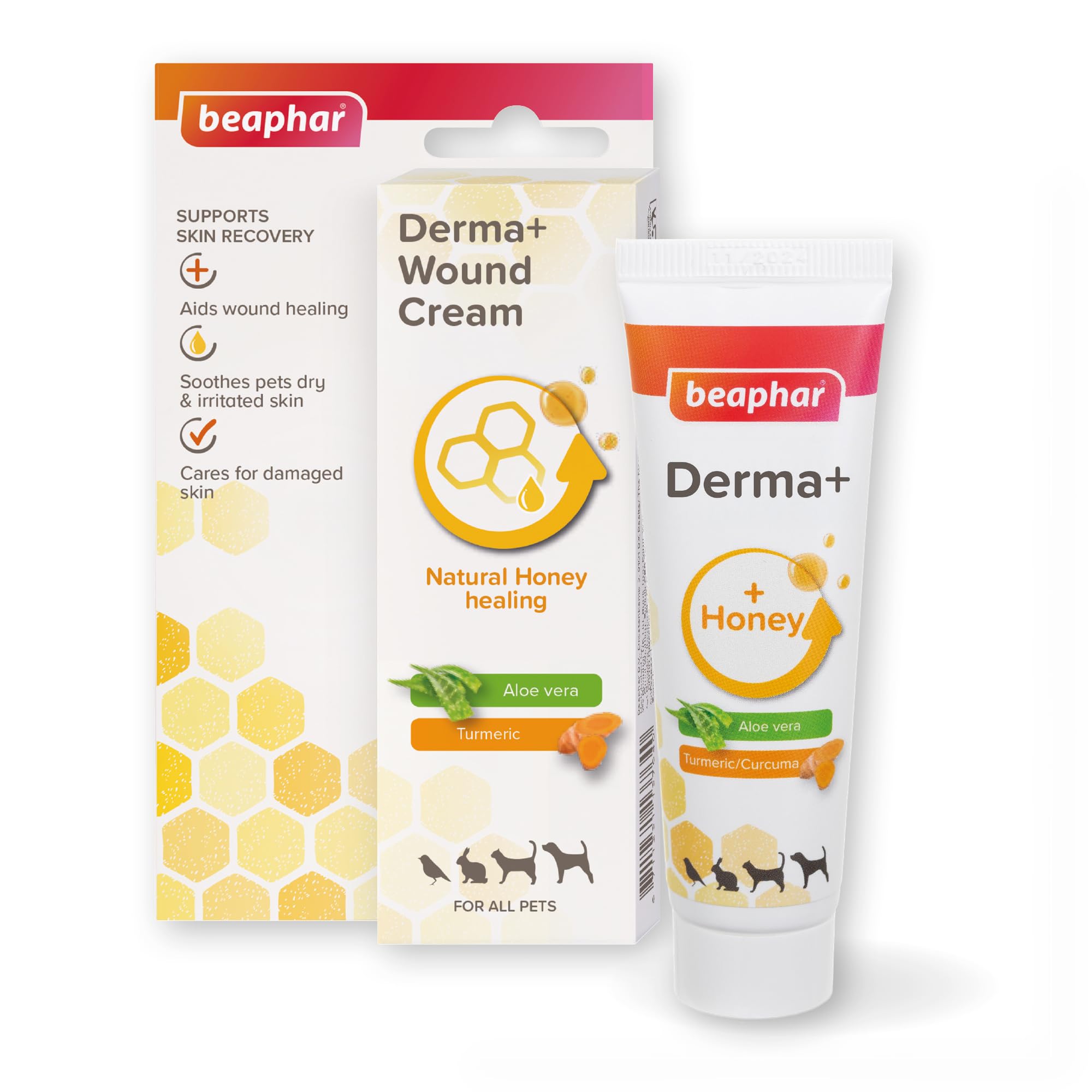 Beaphar - Derma+ Wound Cream for Pets 30ml – First aid soothing cream with honey, Aloe vera & turmeric - Supports skin recovery, wound healing & soothes dry & irritated skin - Suitable for all pets