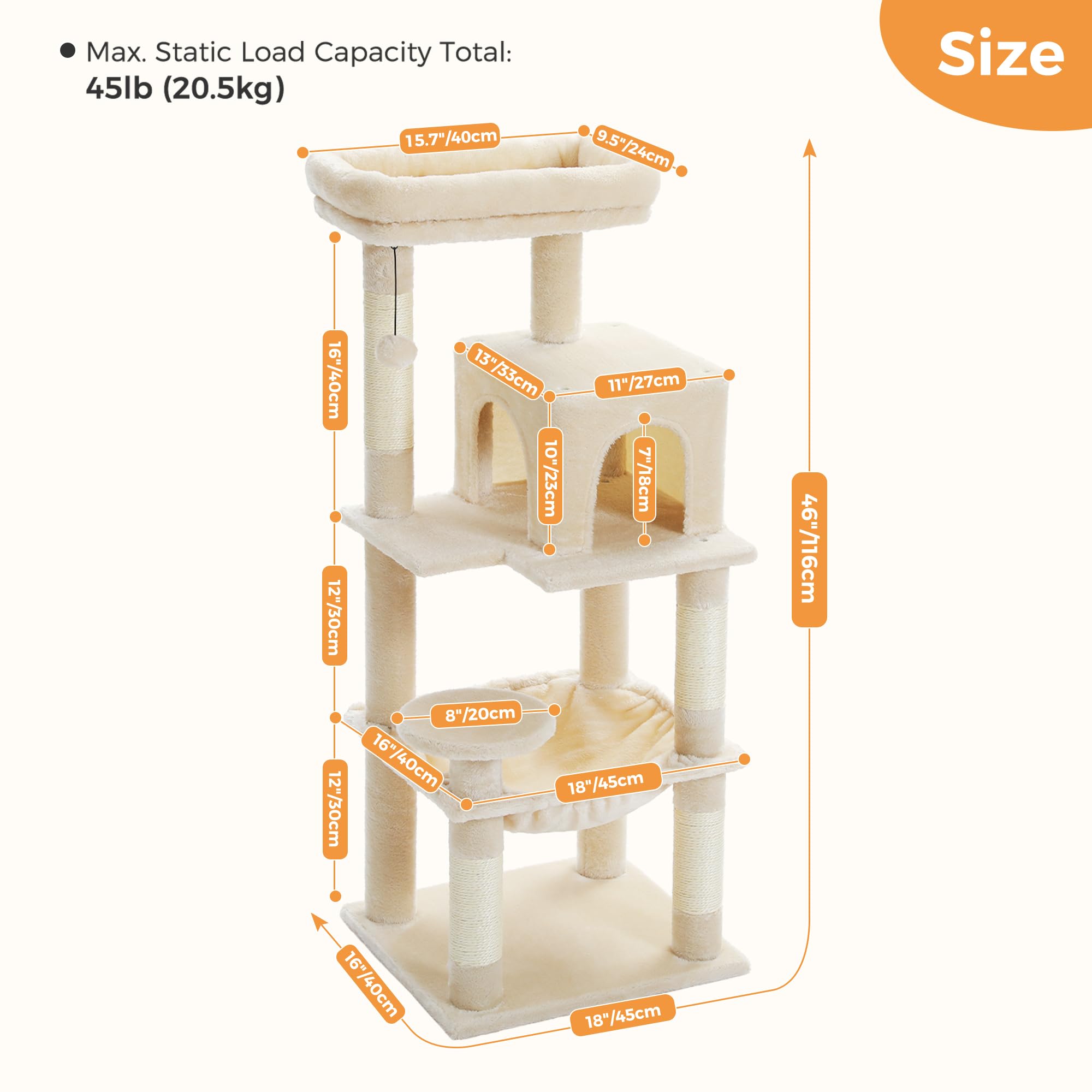 PAWZ Road 116cm Cat Tree Medium Cat Tower with 4 Sisal Scratching Posts, Metal Frame Large Hammock and Cozy Condo, Activity Center Stable and Sturdy, Size M Beige