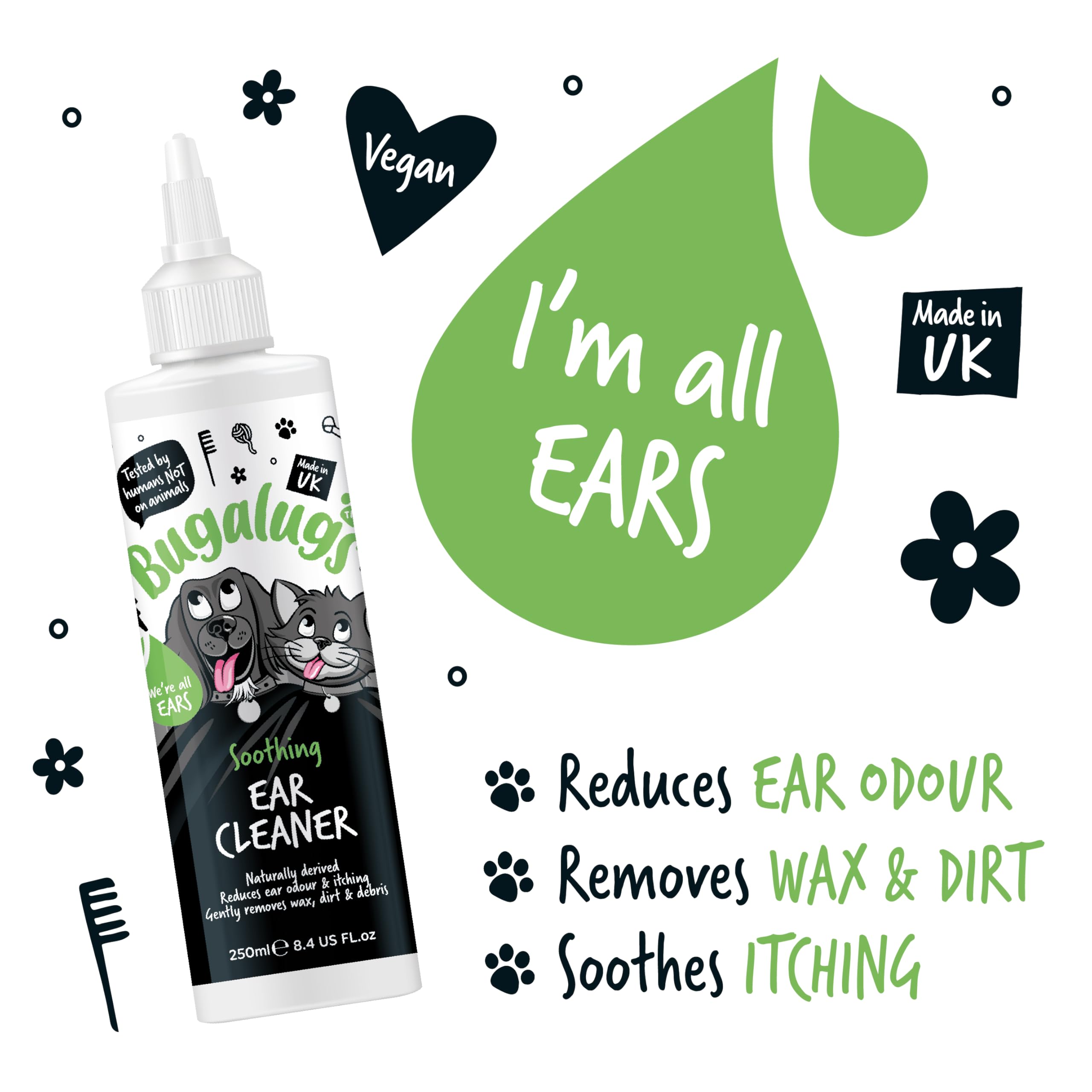 BUGALUGS Ear Cleaner, Dog & Cat Ear Cleaner Solution Softens & Removes Wax, Ear Hygiene, Non-Toxic Dog & Cat Ear Drops, Alcohol-Free Stop Head Shaking with Easy Applicator (250ml)