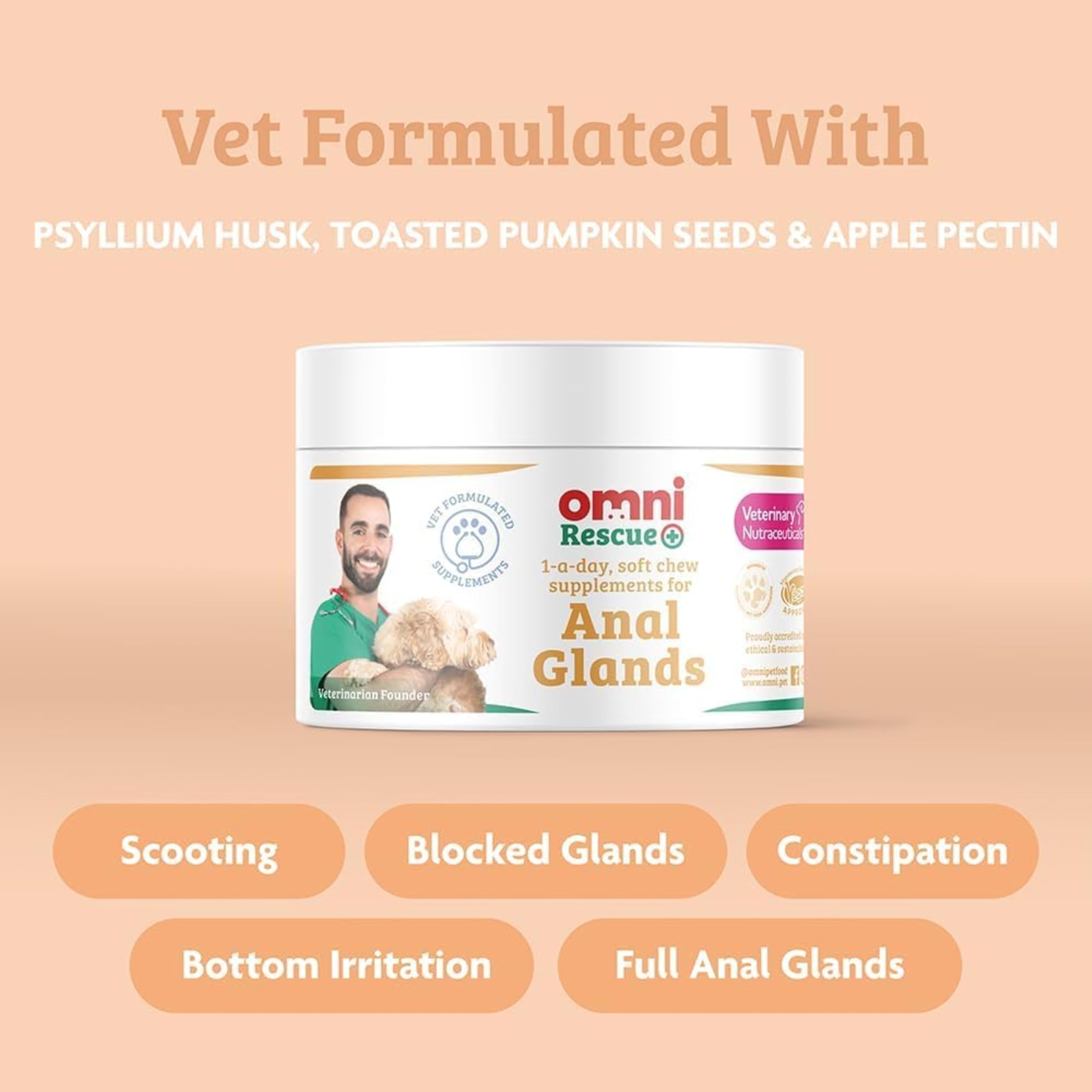 Omni Anal Glands Dog Supplements - Dragons’ Den Winners, One-a-Day Supplement, Psyllium Husk & Apple Pectin - Daily Chew Dog Treat for Full, Blocked, Odorous Glands, 30 Servings, Small 0-15 Kg