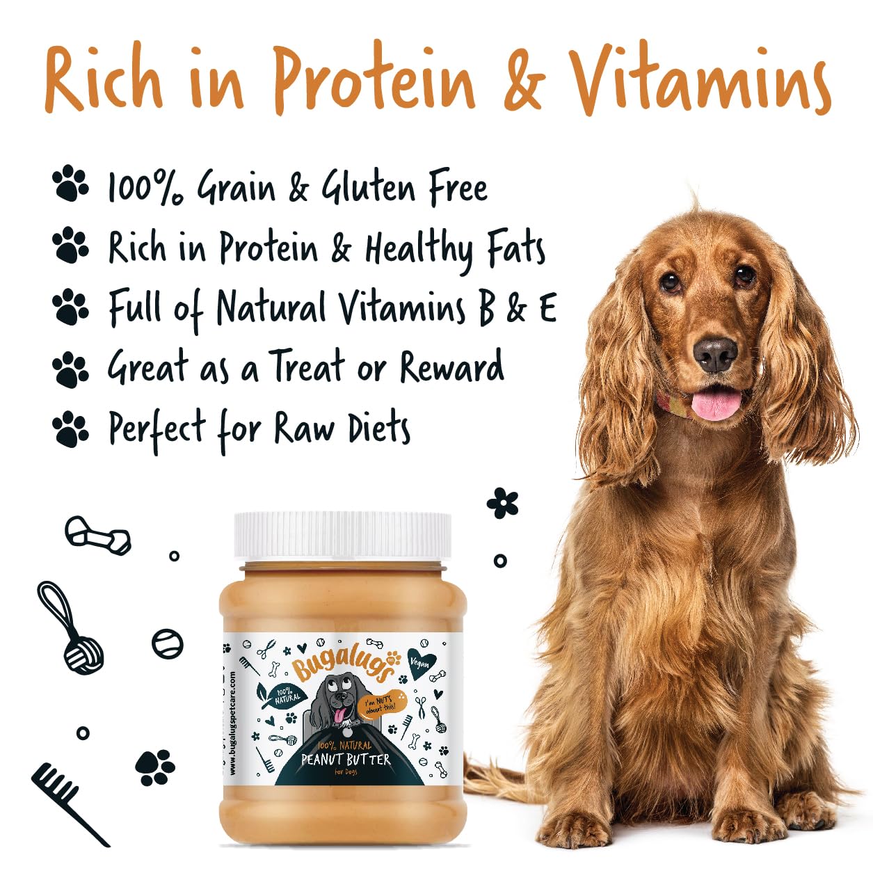 Bugalugs Dog Peanut Butter - 100% Natural Peanut Butter For Dogs & Puppy - Dog Food Toppers For Dog Lick Mats- Protein Treat Paste Free From Palm Oil, Wheat & Gluten free & No Sugar or Xylitol