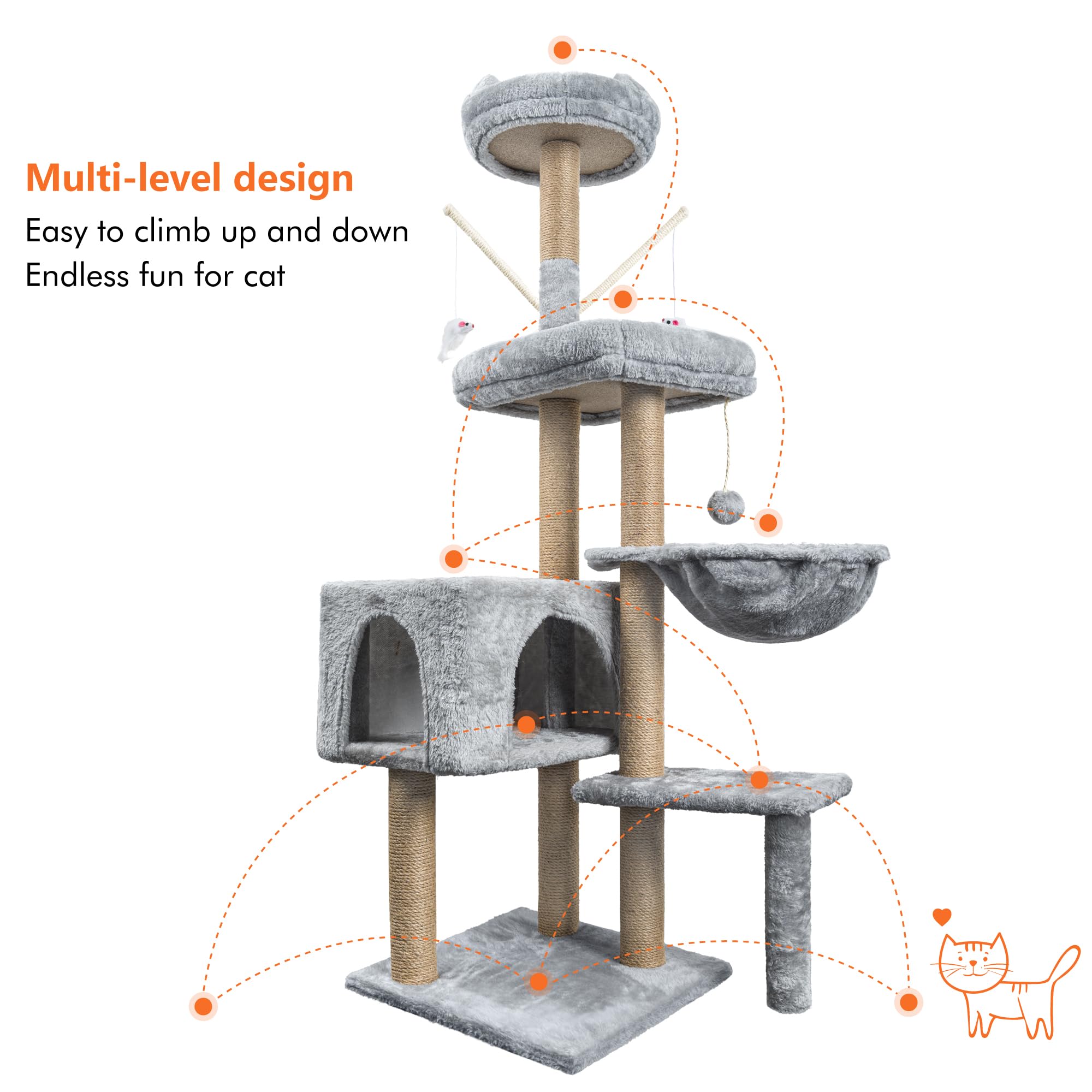 Cat Tree, 145cm Stable Cat Scratching Post for Indoor Cats, Multi-Level Cat Climbing Tower with Posts Fully Wrapped in Natural Sisal Rope, Suitable for Kitty Kitten