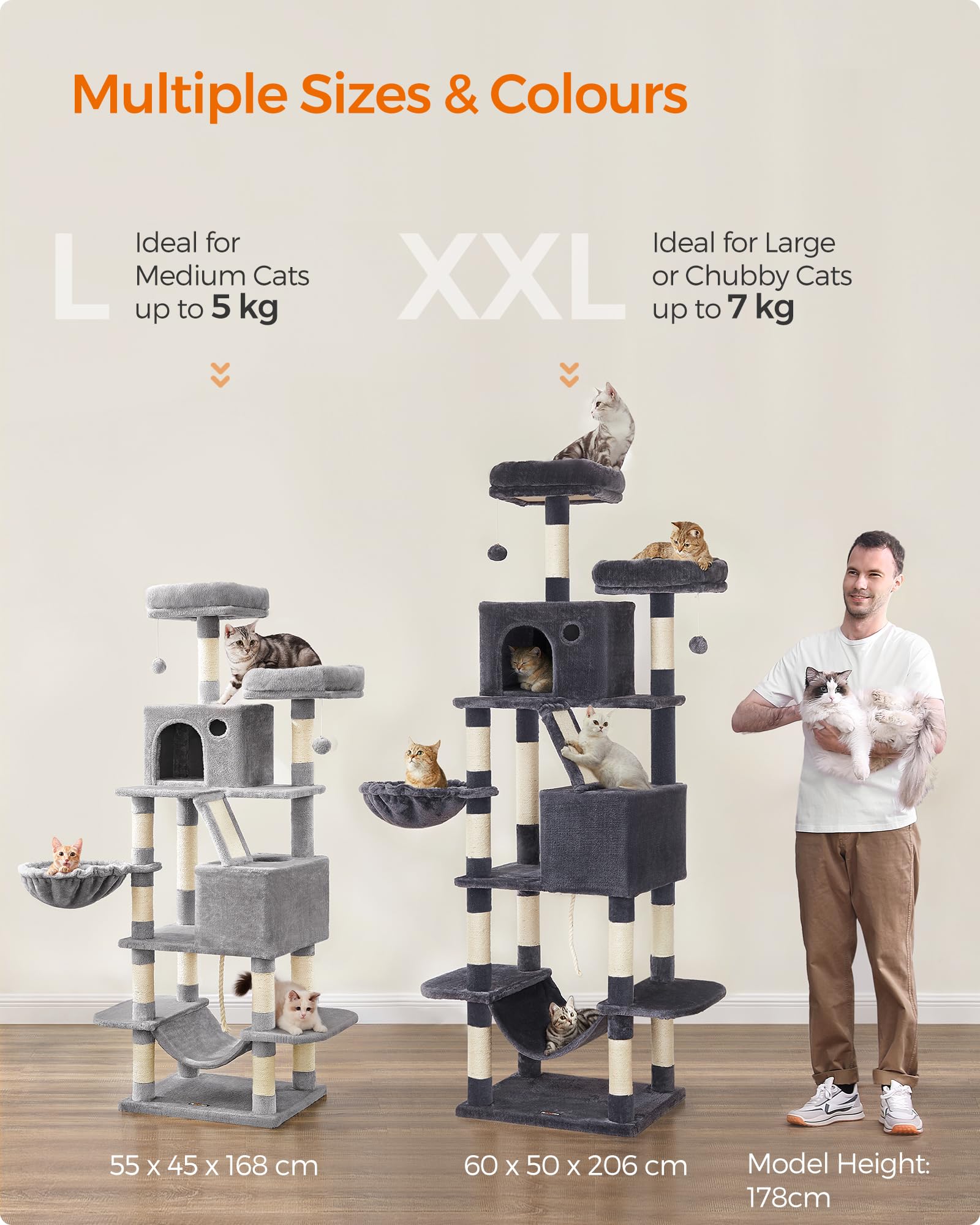 FEANDREA Cat Tree, 206 cm Large Cat Tower with 13 Scratching Posts, 1 Scratching Ramp, 2 Perches, 2 Caves, Basket, Hammock, Pompoms, Multi-Level Plush Cat Condo for Indoor Cats, Light Grey