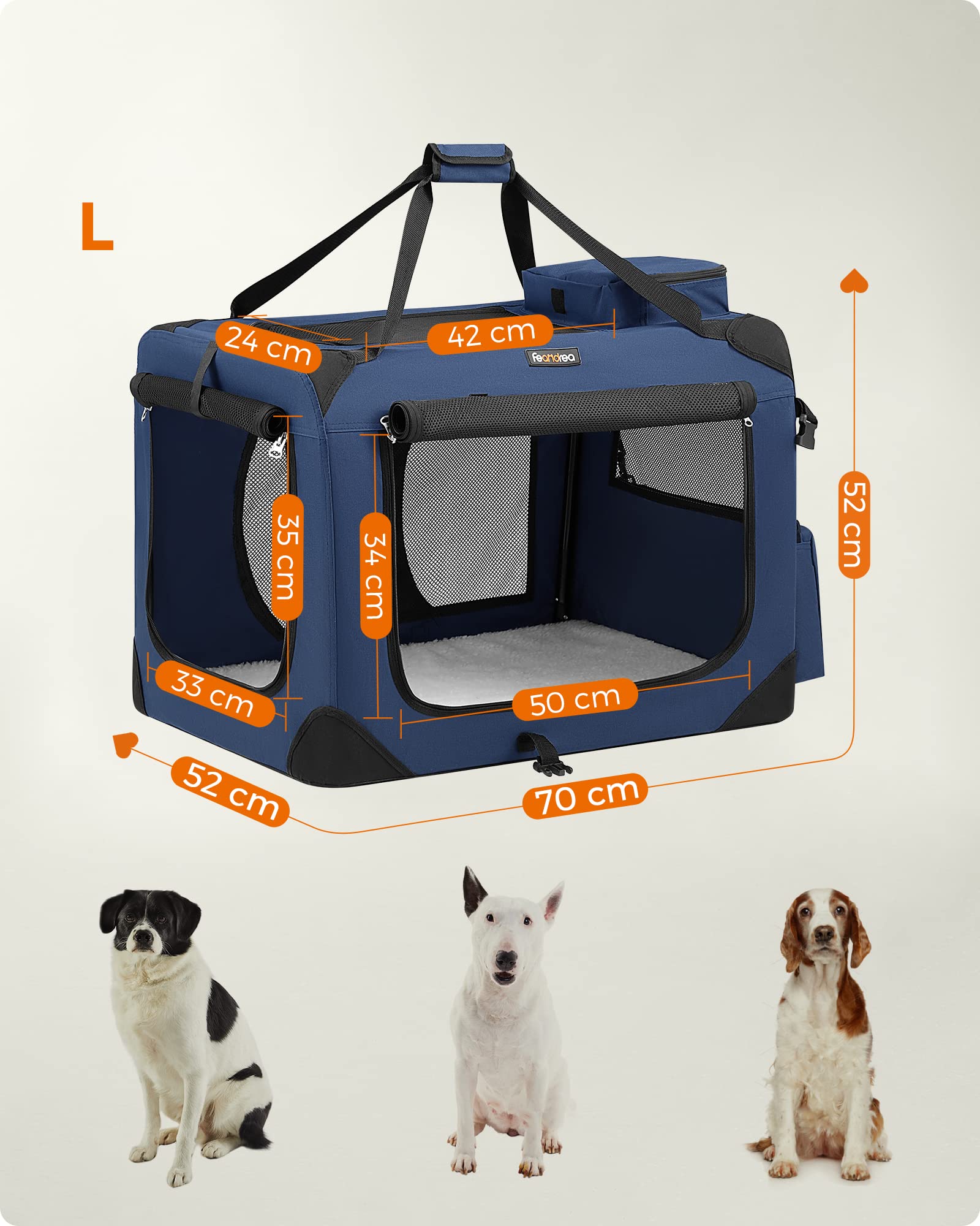 Feandrea Foldable Pet Carrier Bag, Portable Cat Dog Carrier, Soft Sided Pet Travel Carrier with Breathable Mesh, with Handles, Storage Pockets, 70 x 52 x 52 cm, Dark Blue PDC70Z