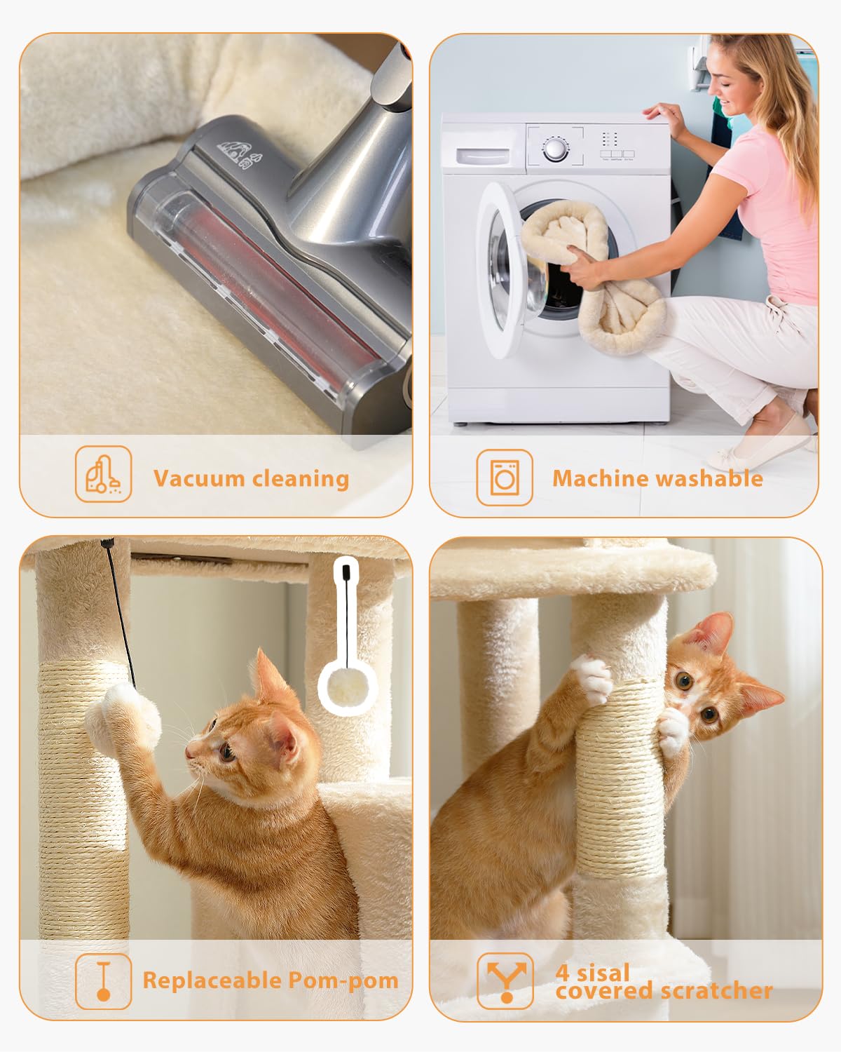 PAWZ Road 116cm Cat Tree Medium Cat Tower with 4 Sisal Scratching Posts, Metal Frame Large Hammock and Cozy Condo, Activity Center Stable and Sturdy, Size M Beige