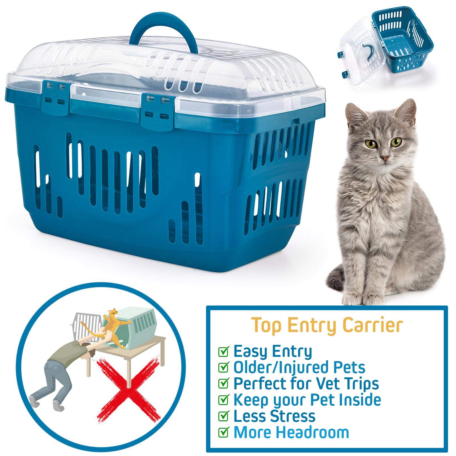 CAT CENTRE Blue & Transparent Lid Pet Dog Puppy Cat Carriers Basket Bag Cage Portable Travel Kennel Training Box