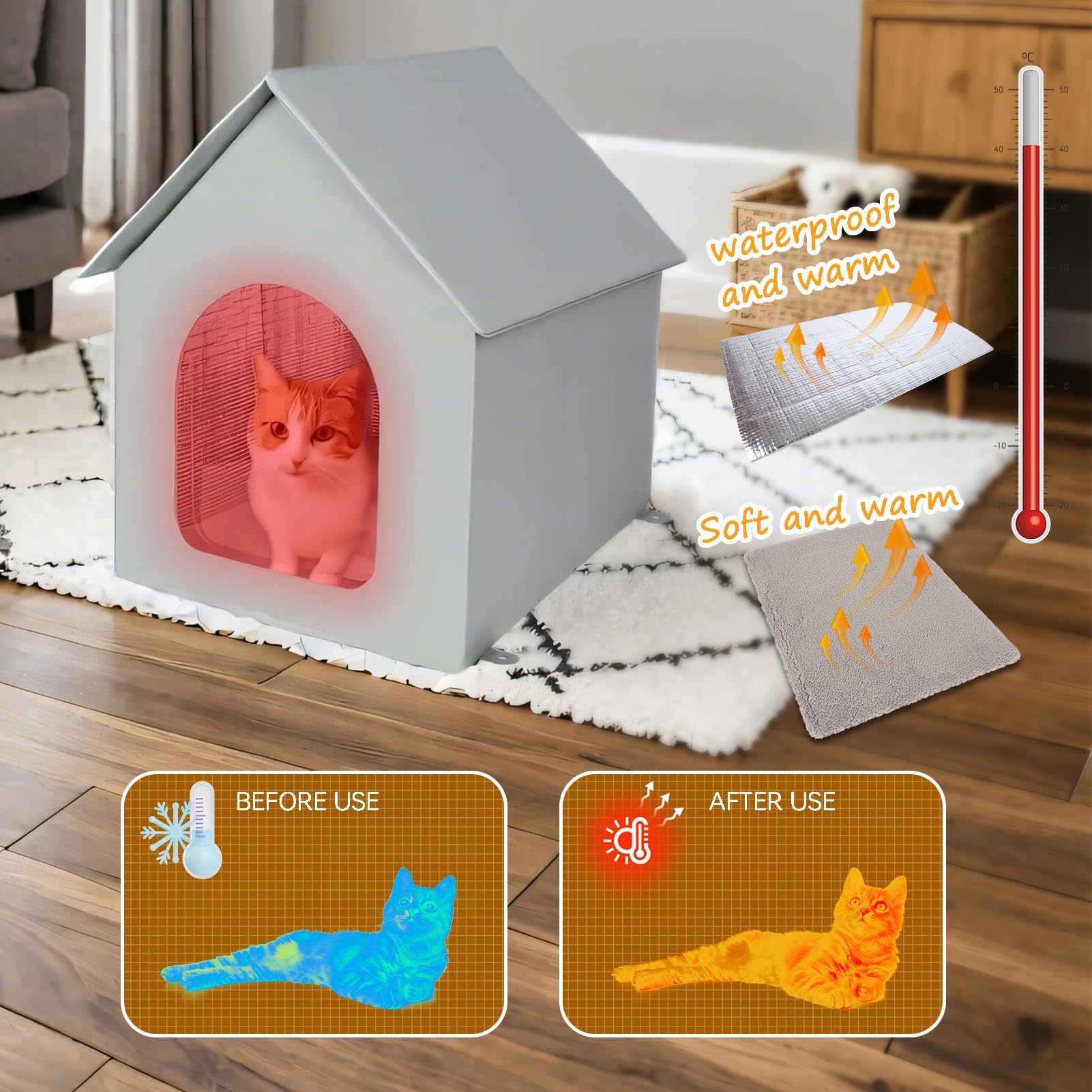 Sturdy Outdoor Cat Cave Bonus 4 Insulation Sheet, 100% Weatherproof, Insulated Feral Cat House with Removable Soft Mat, Safe Outside Feral Cat House Shelter for Winter