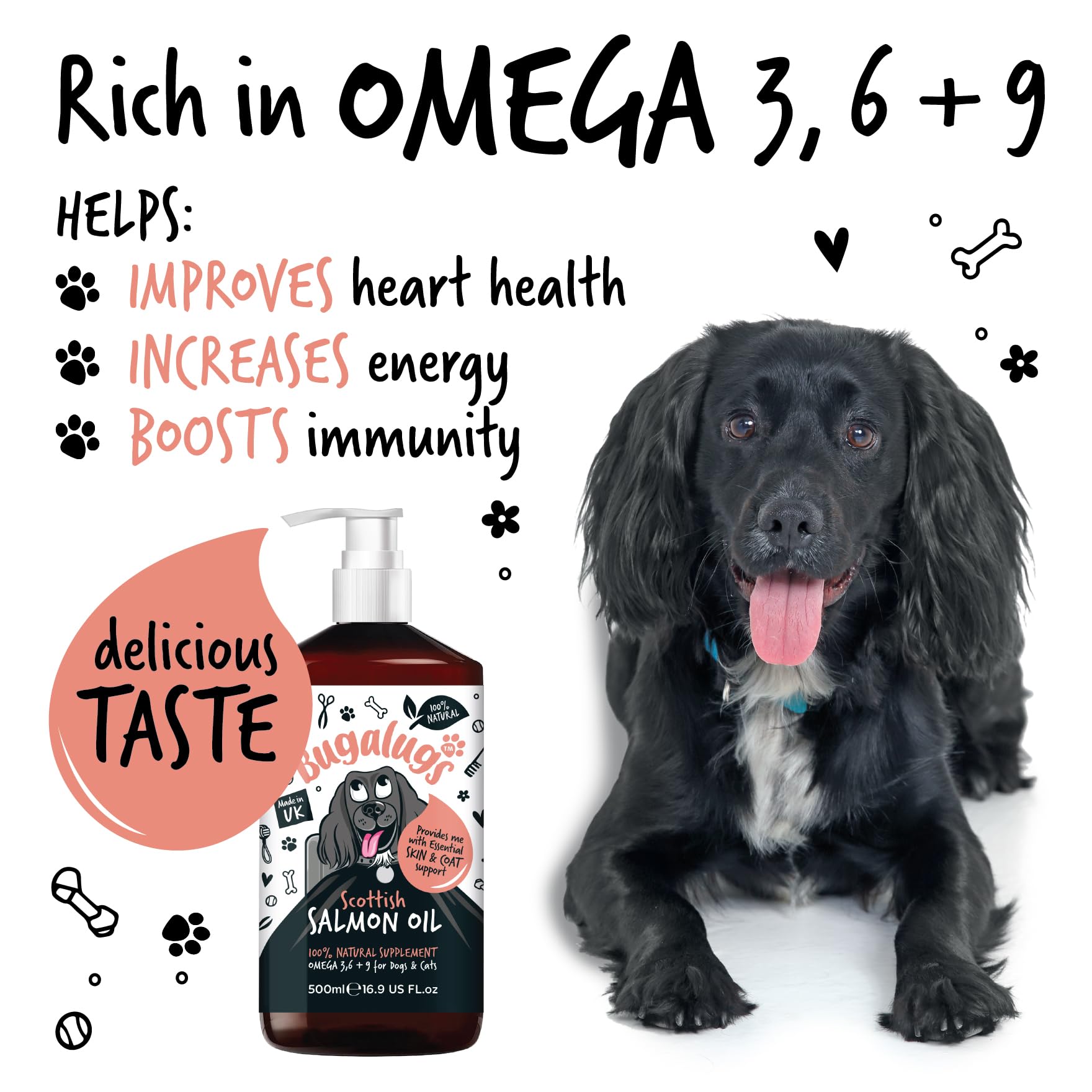 Bugalugs Scottish Salmon Oil For Dogs & Cats, Dog Supplement Support for Skin And Coat, Itchy Skin & Moulting, Omega 3 Fish Oil (Salmon, 500ml)